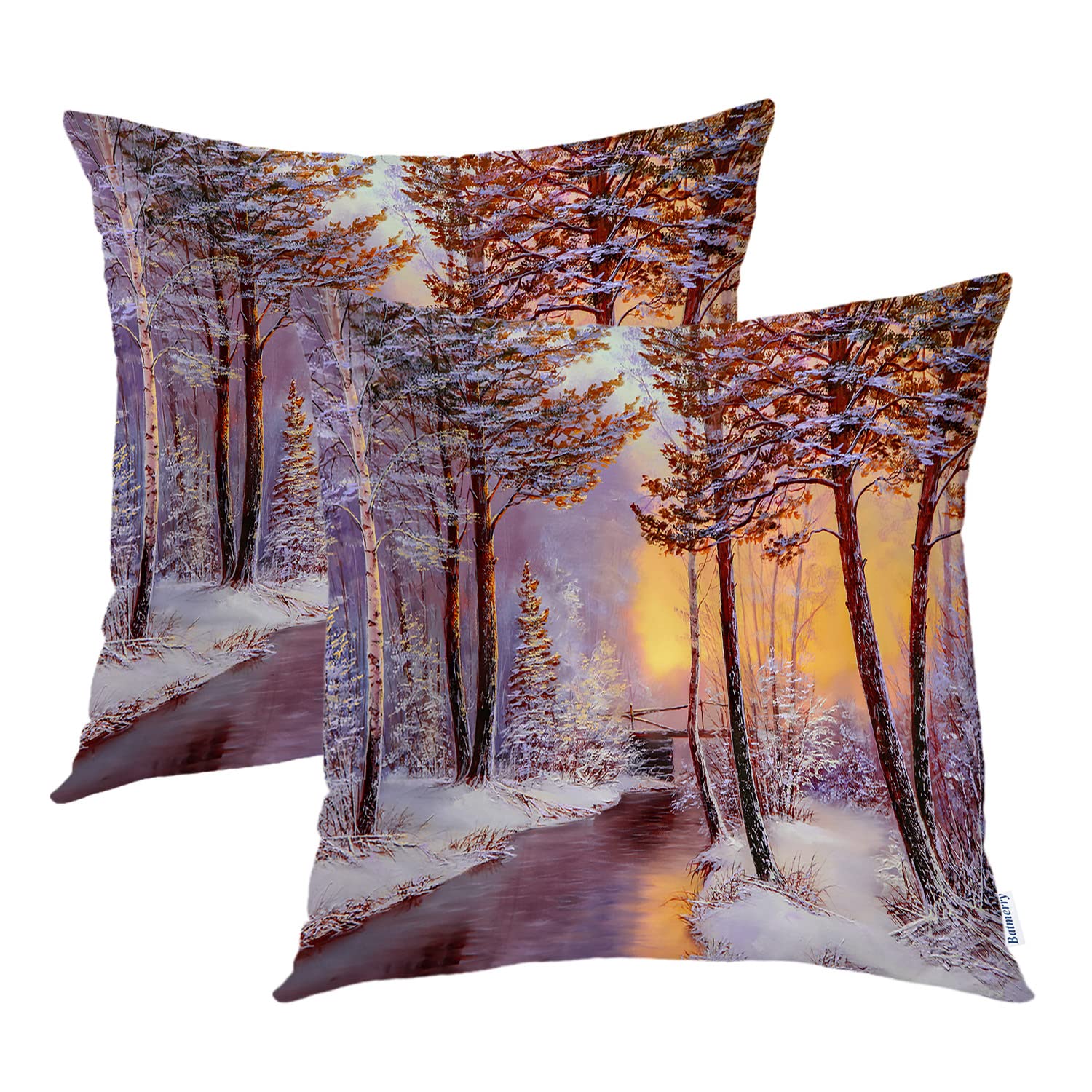 Batmerry Orange Winter Forest Snow Scene Throw Pillow Covers 20x20 Inch - Cozy River Themed Decorative Cushion Covers with Digital Printing & Invisible Zipper for Sofa, Couch, Bed - Perfect for Living Room, Bedroom & Seasonal Home Decor