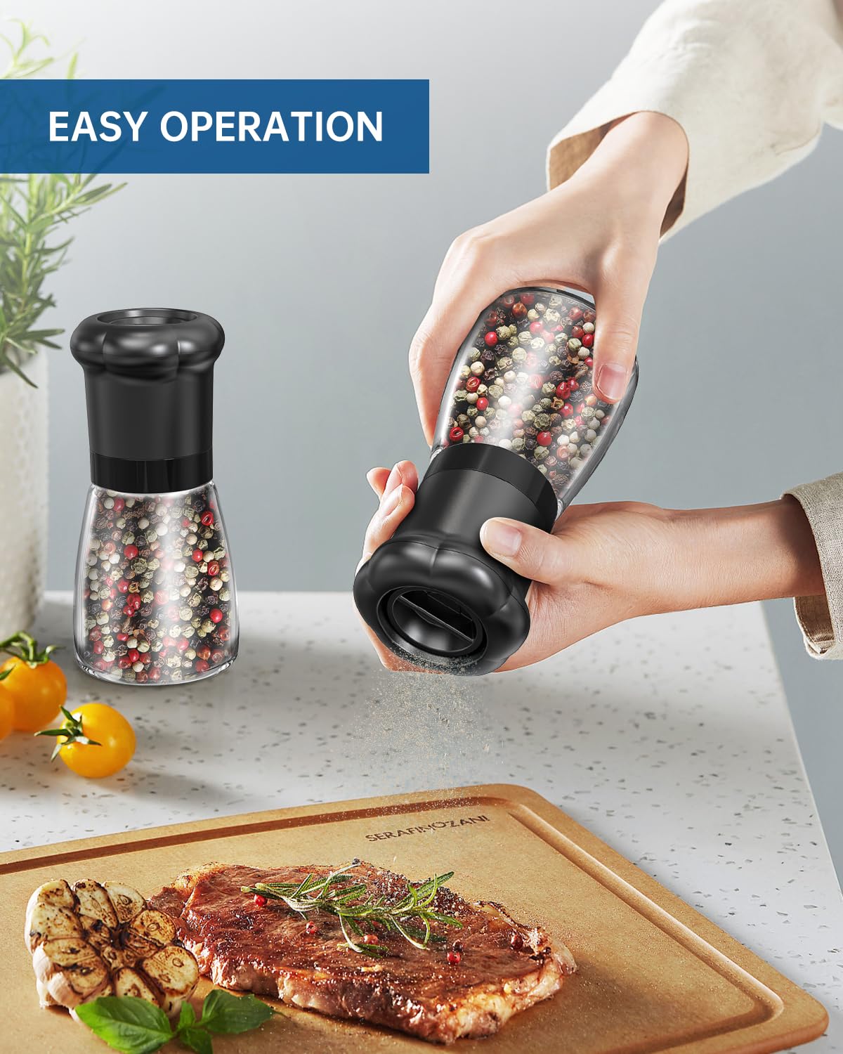 Premium Manual Pepper Grinder - Professional Chef Spice Mill with Ceramic Blades, Adjustable Coarseness & BPA-Free 180ml Glass Container - Ideal for Kitchen, Dining Table & Gourmet Cooking - Short Black Refillable Pepper Shaker