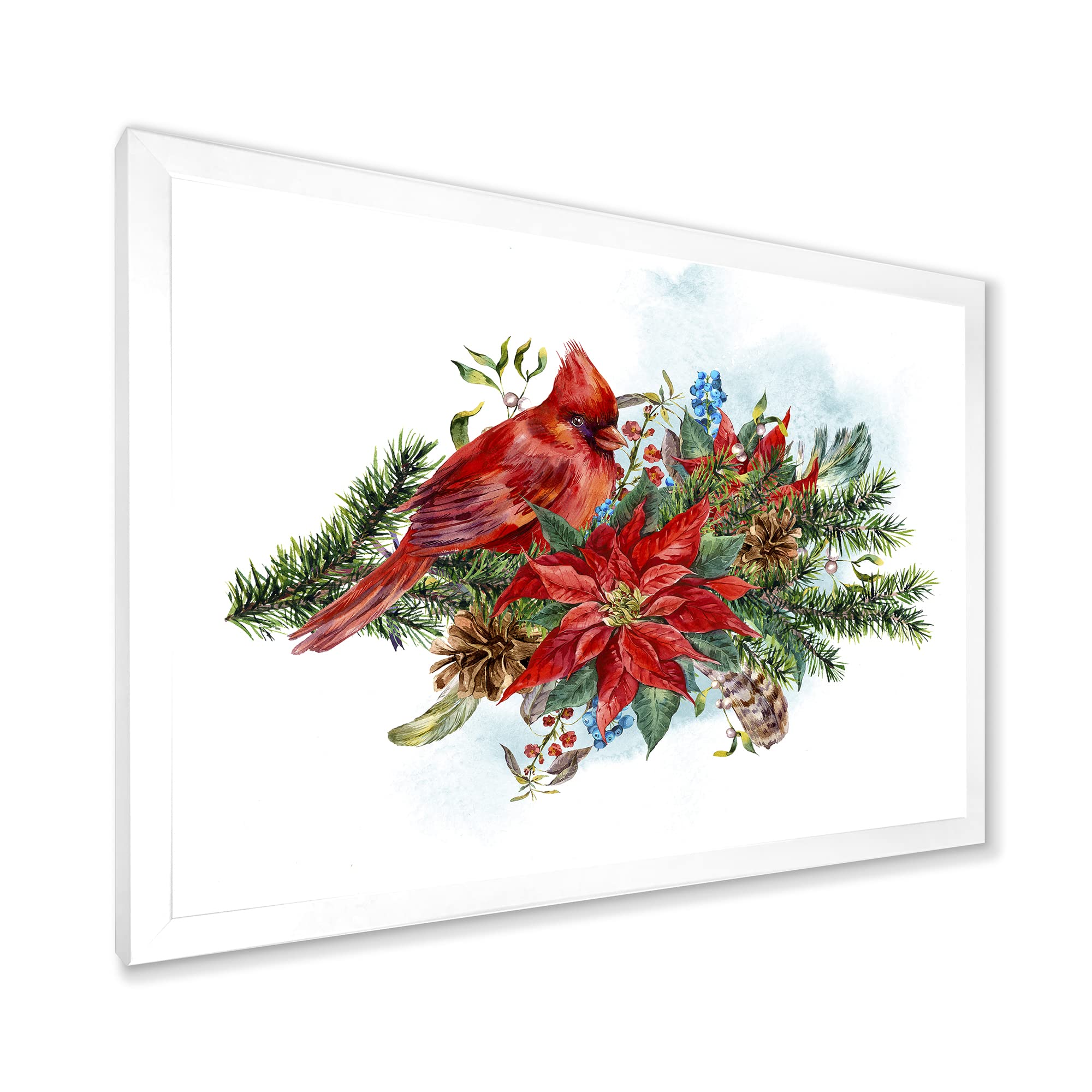 Christmas Poinsettia and Red Cardinal Bird Framed Wall Art - Traditional Holiday Home Decor for Living Room, Bedroom & Office