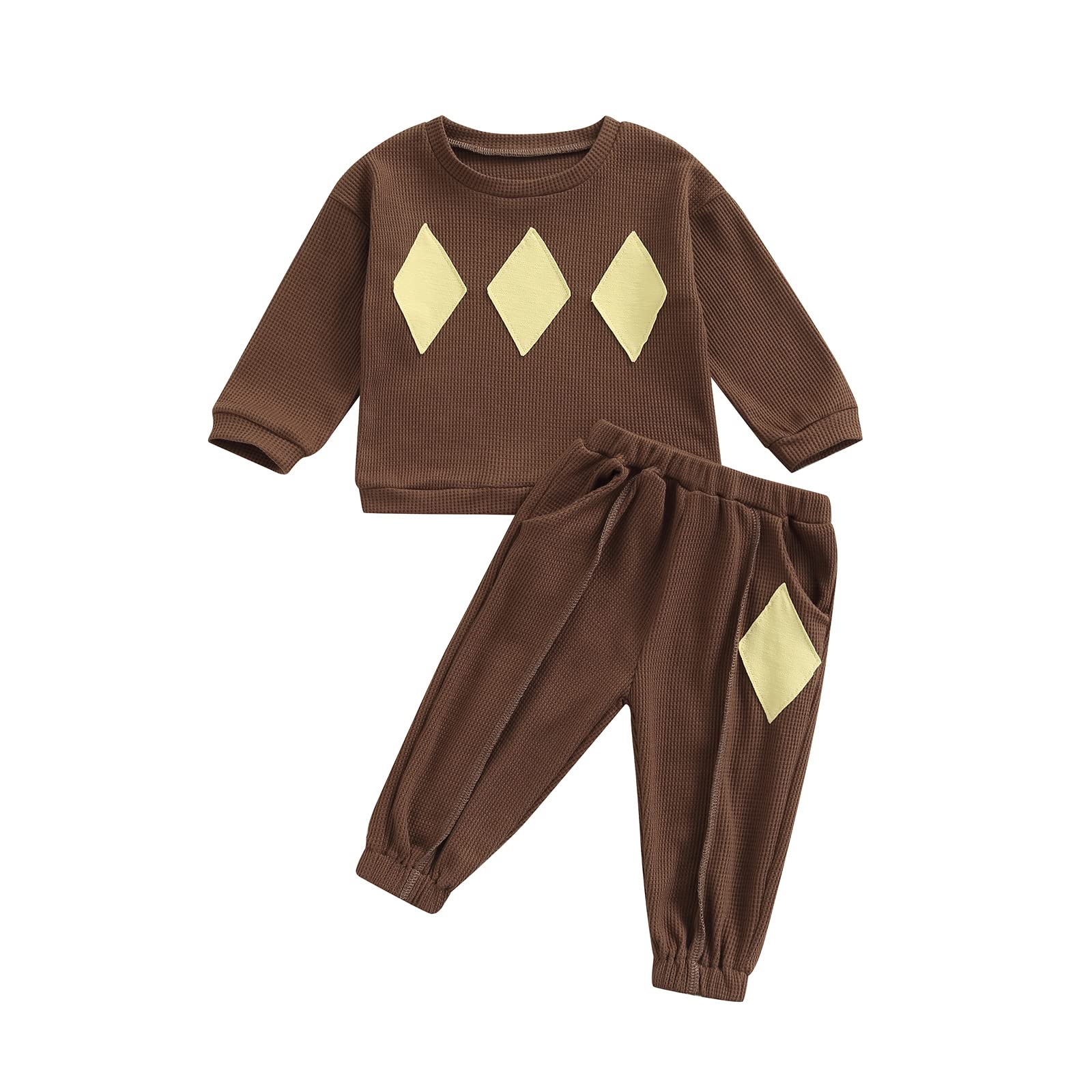Toddler Baby Boy & Girl Waffle Knit Cotton Sweatshirt & Pants Set - Rhombic Print Long Sleeve Top for Fall Winter - Cozy Outfit for Playdates, Family Photos & Seasonal Comfort