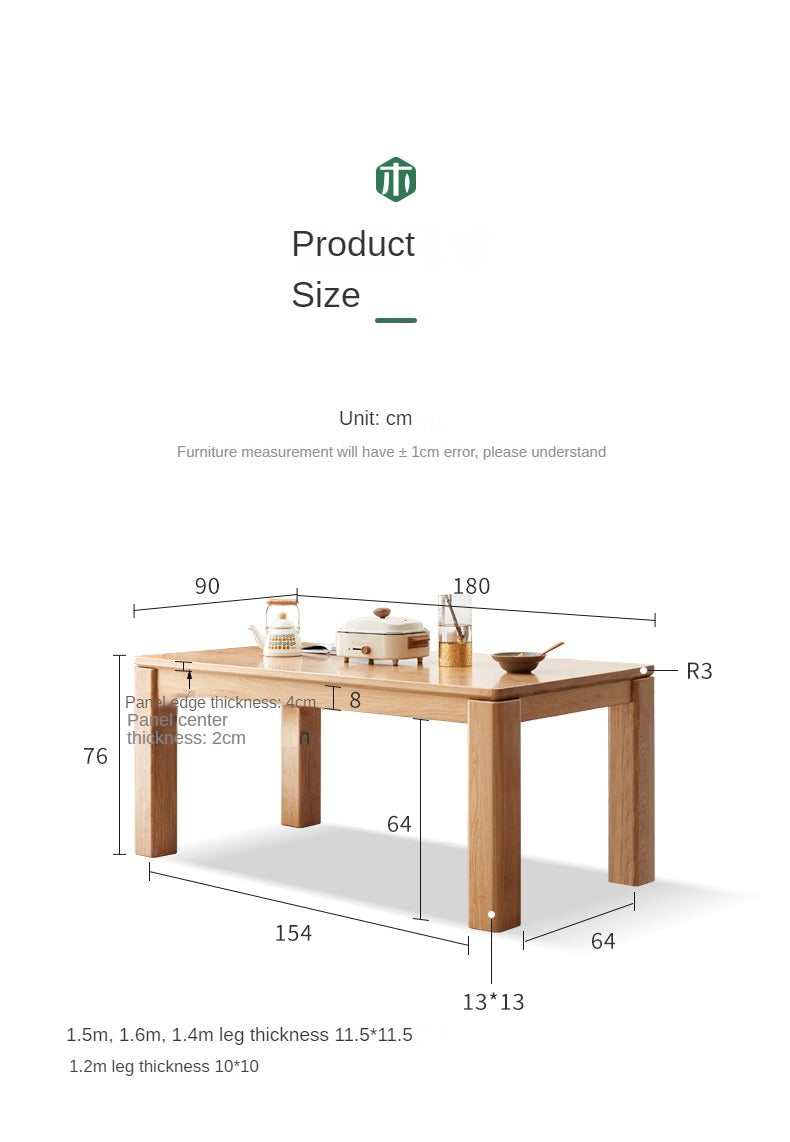 Solid Oak Wood Dining Table with Thick Legs - Rustic Farmhouse Style for Kitchen, Dining Room & Home Decor