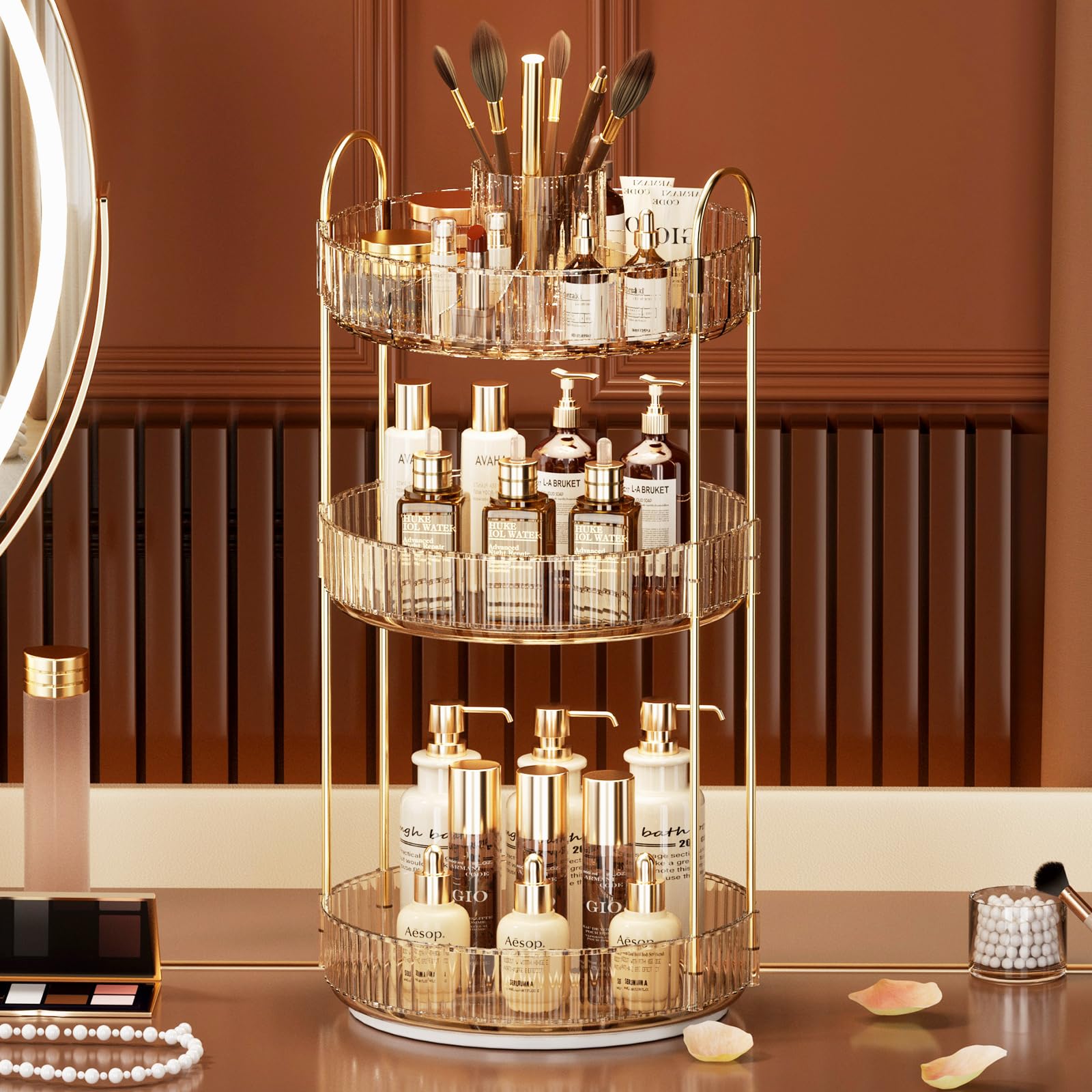 360° Rotating Makeup Organizer with Brush Holder - 3-Tier Large Capacity Cosmetic Storage for Skincare, Perfume & Beauty Products | Perfect for Bedroom Vanity, Bathroom Counter & Dresser Organization (White)