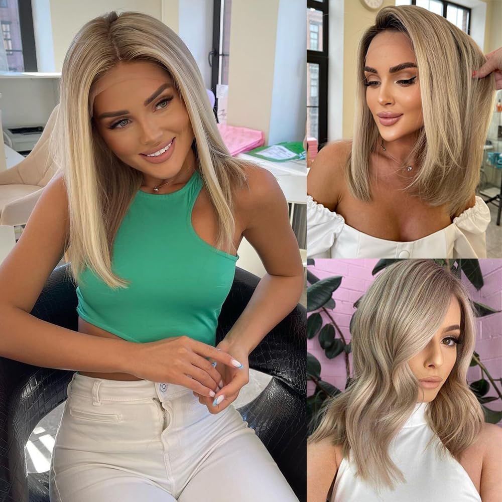 Ash Blonde Ombre Short Bob Wig with 13x4 HD Lace Front - 100% Human Hair, Pre-Plucked, 180 Density, 12 Inch - Perfect for Daily Wear, Cosplay & Special Occasions