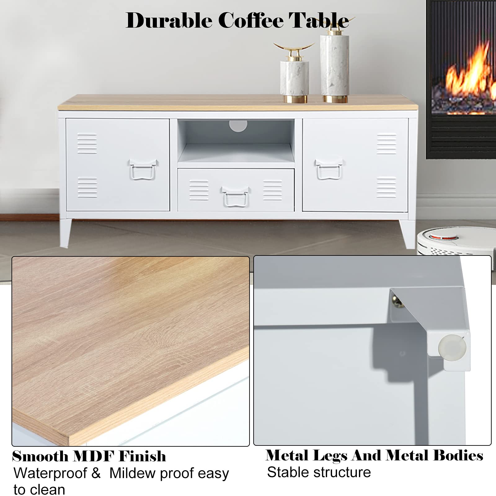 Mid-Century Modern Coffee Table with Hidden Storage - Solid Wood Top & Sturdy Iron Base Sofa Console Table with Metal Cabinets - White 47
