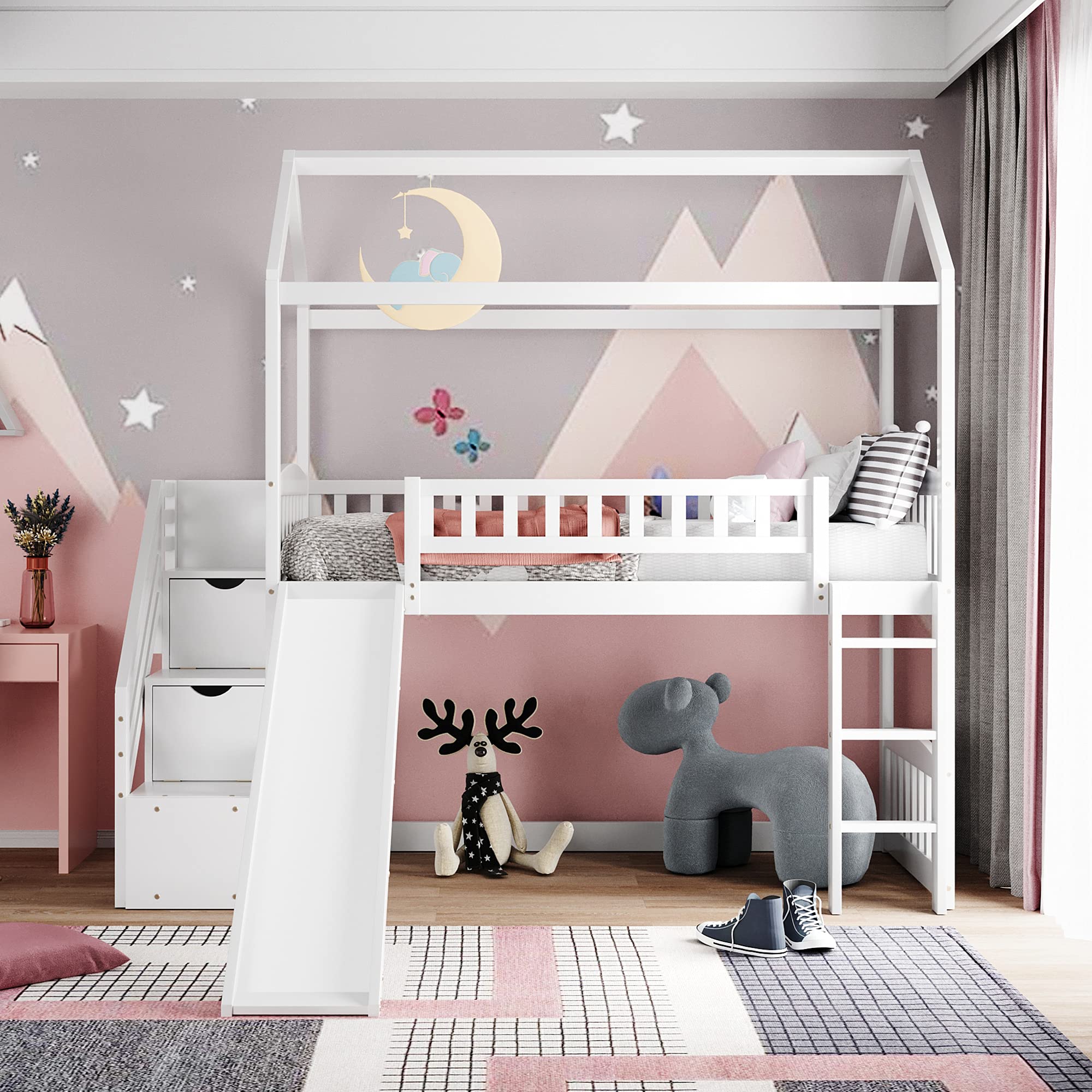 P PURLOVE Twin Over Twin Wooden Loft Bed with Slide, Staircase & Drawers - Kids Bunk Bed with Storage, No Box Spring Needed - Perfect for Small Bedrooms, Playrooms & Space-Saving Kids' Rooms