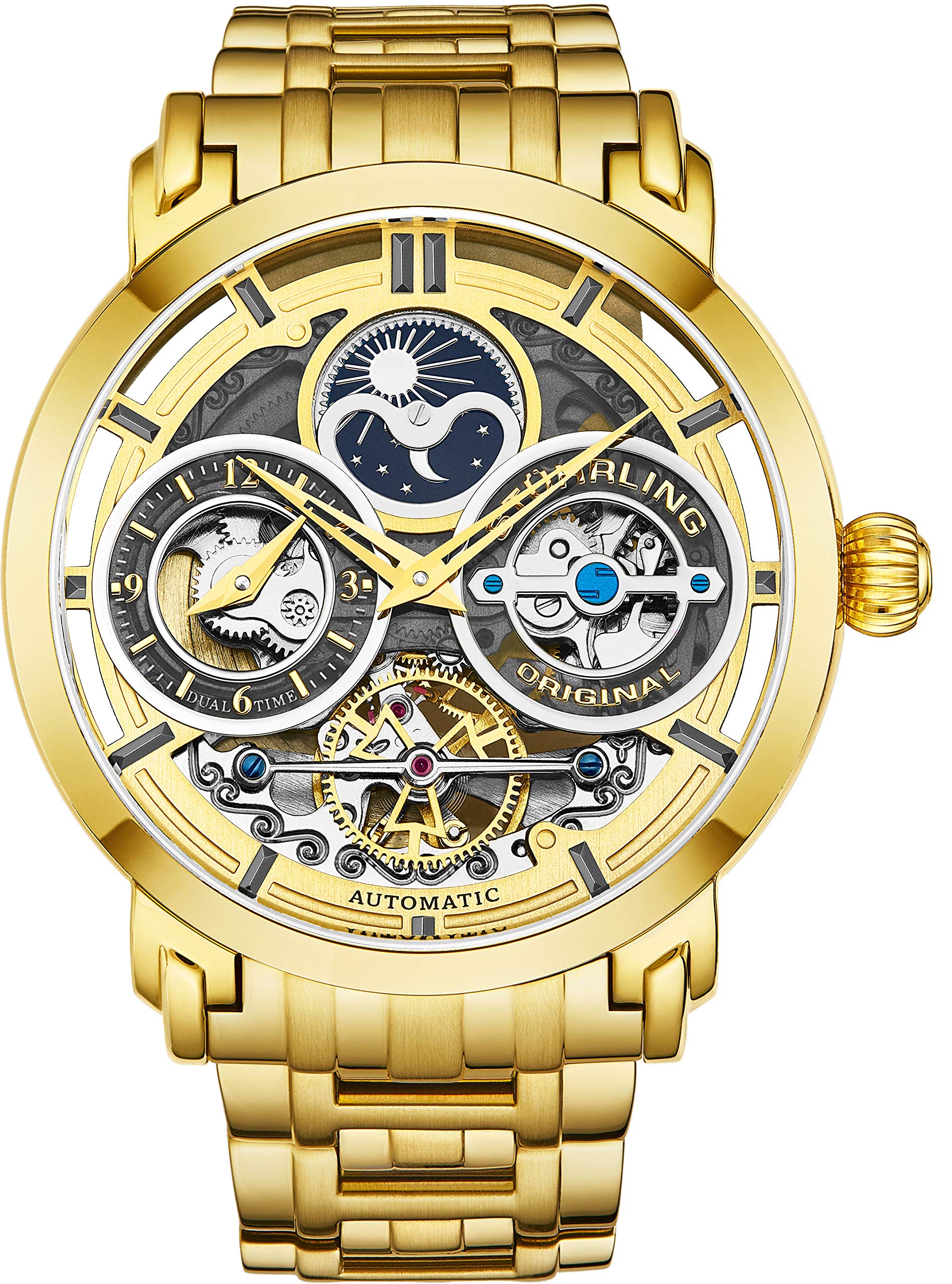 Stuhrling Original Men's Automatic Watch - Gold Skeleton Dial, Dual Time, AM/PM Sun Moon, Stainless Steel Bracelet (Model 371B) | Luxury Dress Watch for Business, Formal Events & Gift Giving
