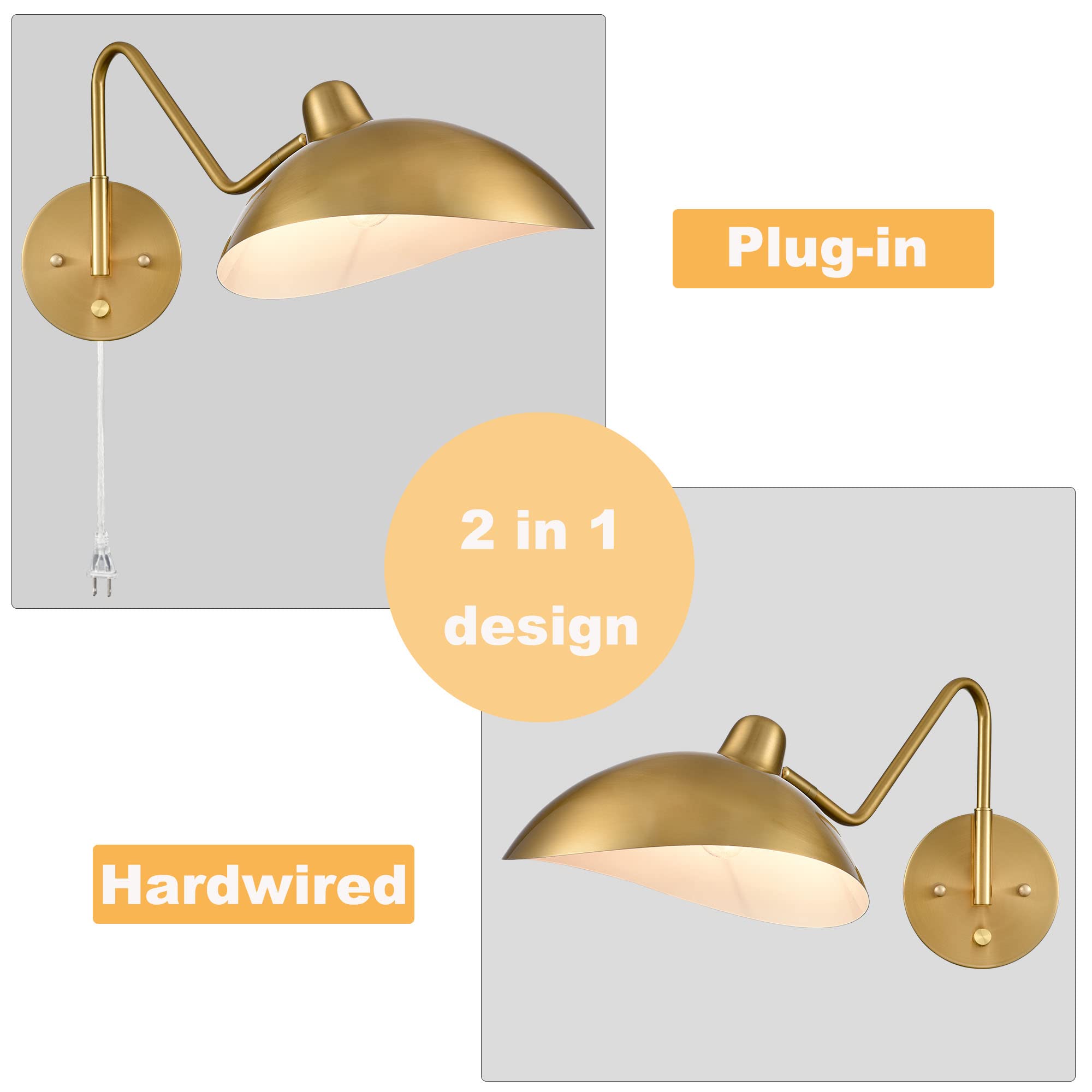 Plug-in Swing Arm Wall Sconce - Gold Brass Wall Lamp with On/Off Switch (Set of 2) - Perfect for Bedroom, Living Room & Reading Nook Lighting