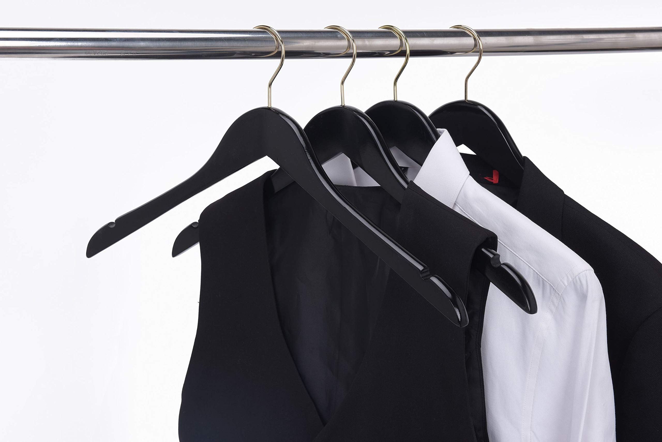 Premium Black Semi-Curved Wooden Suit Hangers - 10-Pack Smooth Finish Solid Wood Coat Hangers with Swivel Hook for Jackets, Pants & Dresses (Black & Gold, 10) - Ideal for Closet Organization, Wardrobe Storage & Luxury Garment Care