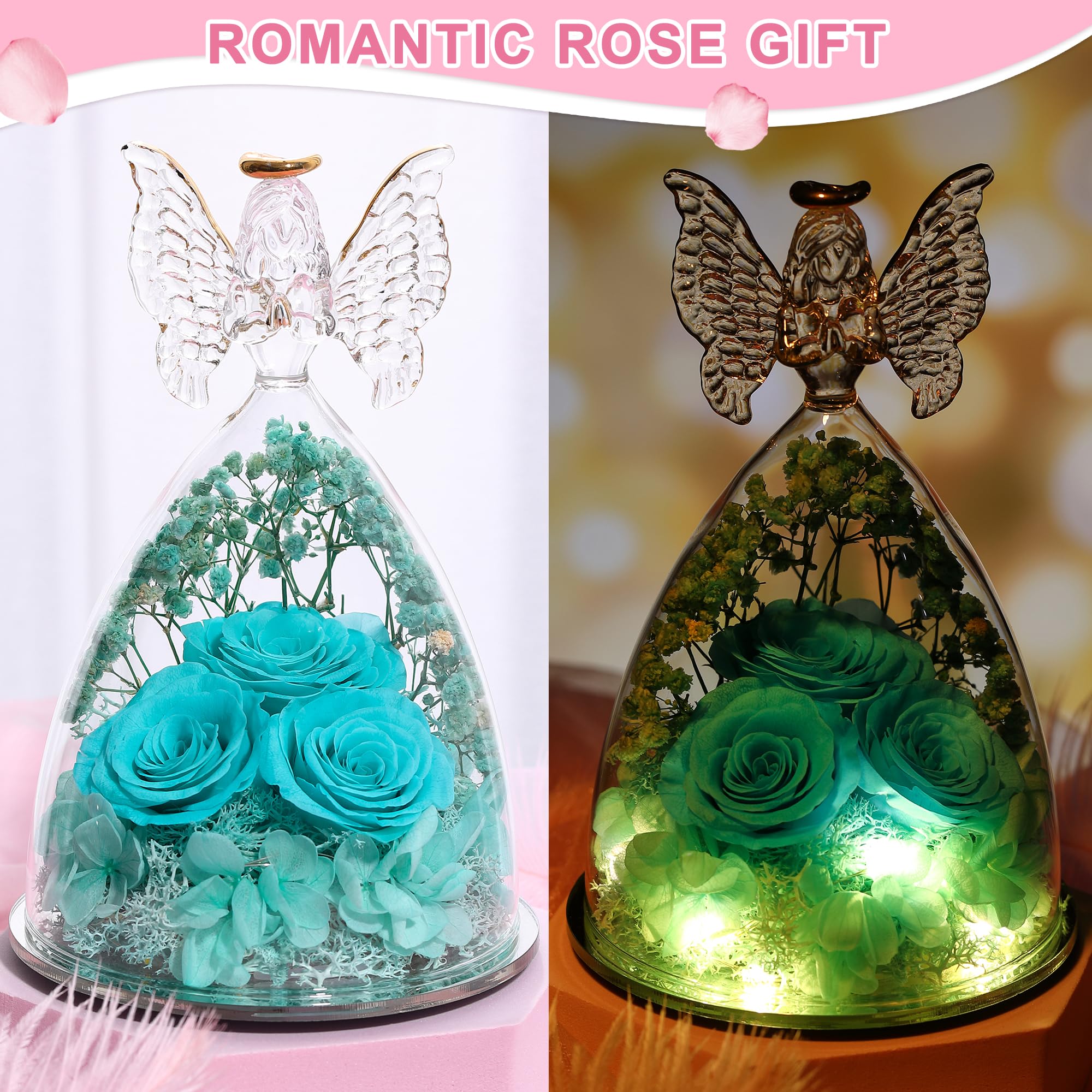 Glass Angel Figurine with 3 Preserved Real Roses - Eternal Rose Gift for Women, Mothers Day Present, Home Decor & Romantic Keepsake - Tify Blue