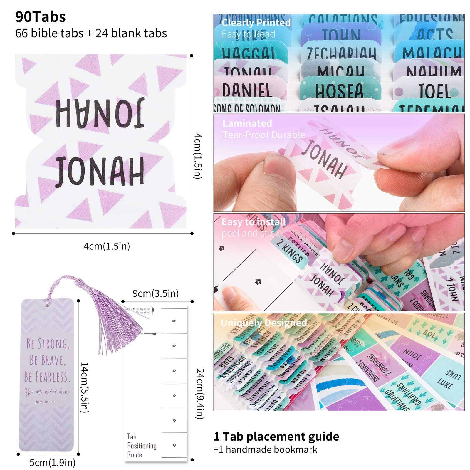 Large Print Laminated Bible Tabs for Women & Girls - 90 Colorful Old & New Testament Tabs with 24 Blank Tabs - Easy to Read Christian Gift for Bible Journaling, Study & Devotional Time