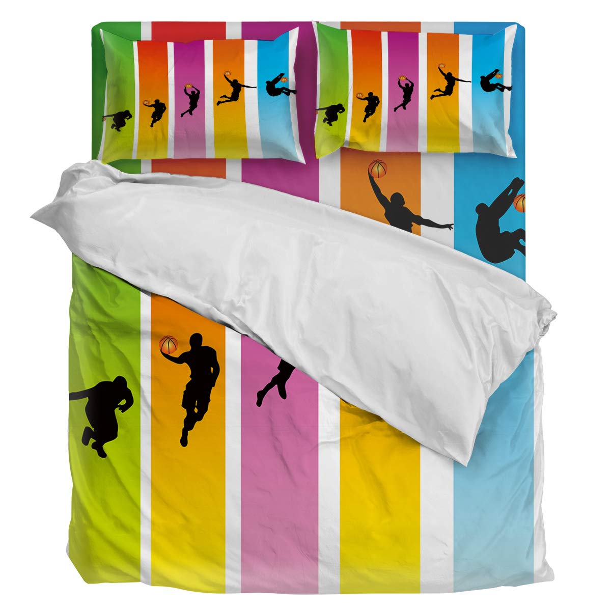 Luxury 4-Piece Queen Size Sunflower Duvet Cover Set - Soft Bedding Set with 1 Duvet Cover, 1 Fitted Sheet & 2 Pillowcases - Basketball Player Slam Dunk Stripe Design - Perfect for Teen Boys' Rooms, Dorm Decor & Sports-Themed Bedrooms