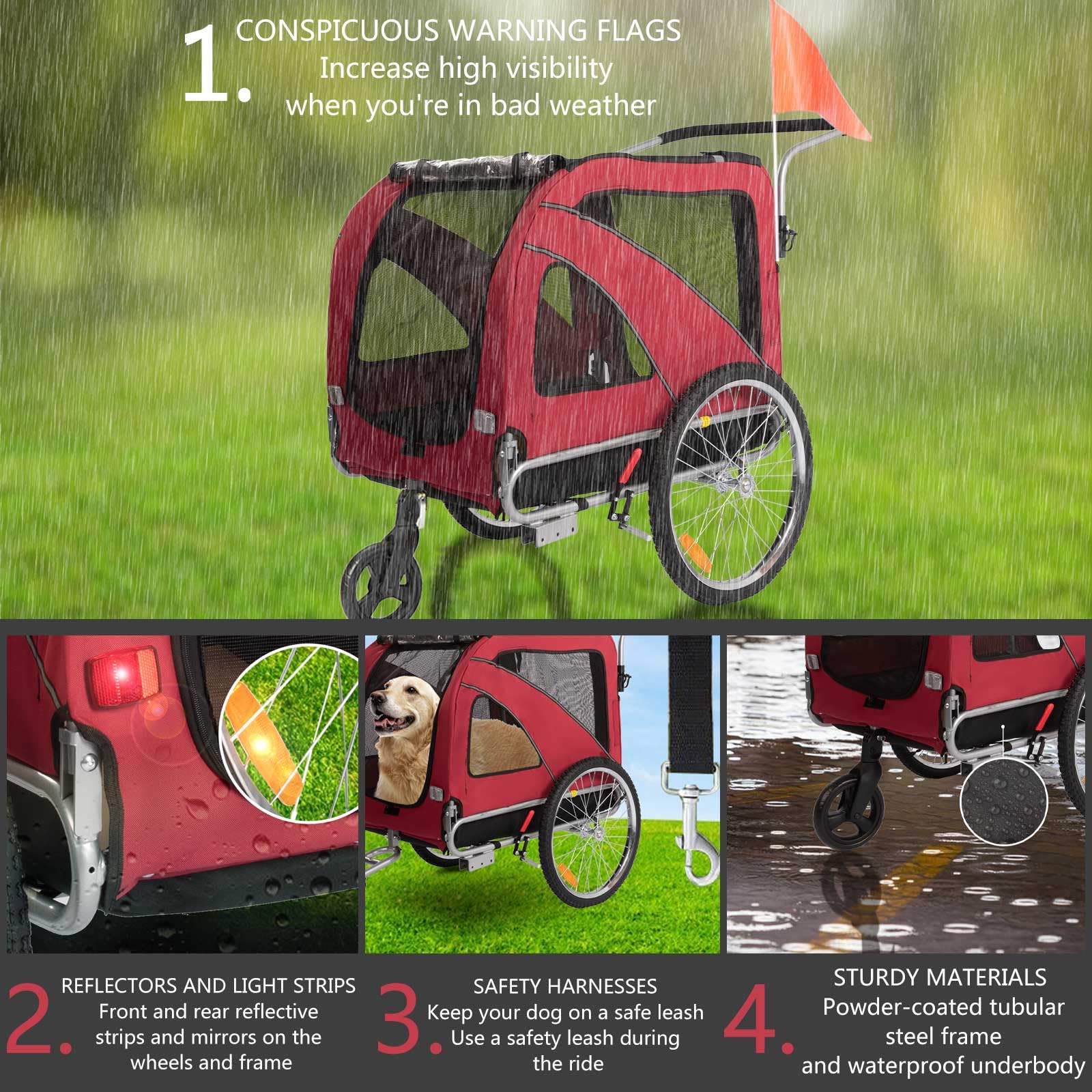 Sepnine 2-in-1 Large Dog Bike Trailer & Pet Stroller - Foldable Frame with Hand Lock Brakes & Universal Bicycle Coupler (Red) - Perfect for Cycling Adventures & Outdoor Walks with Your Dog