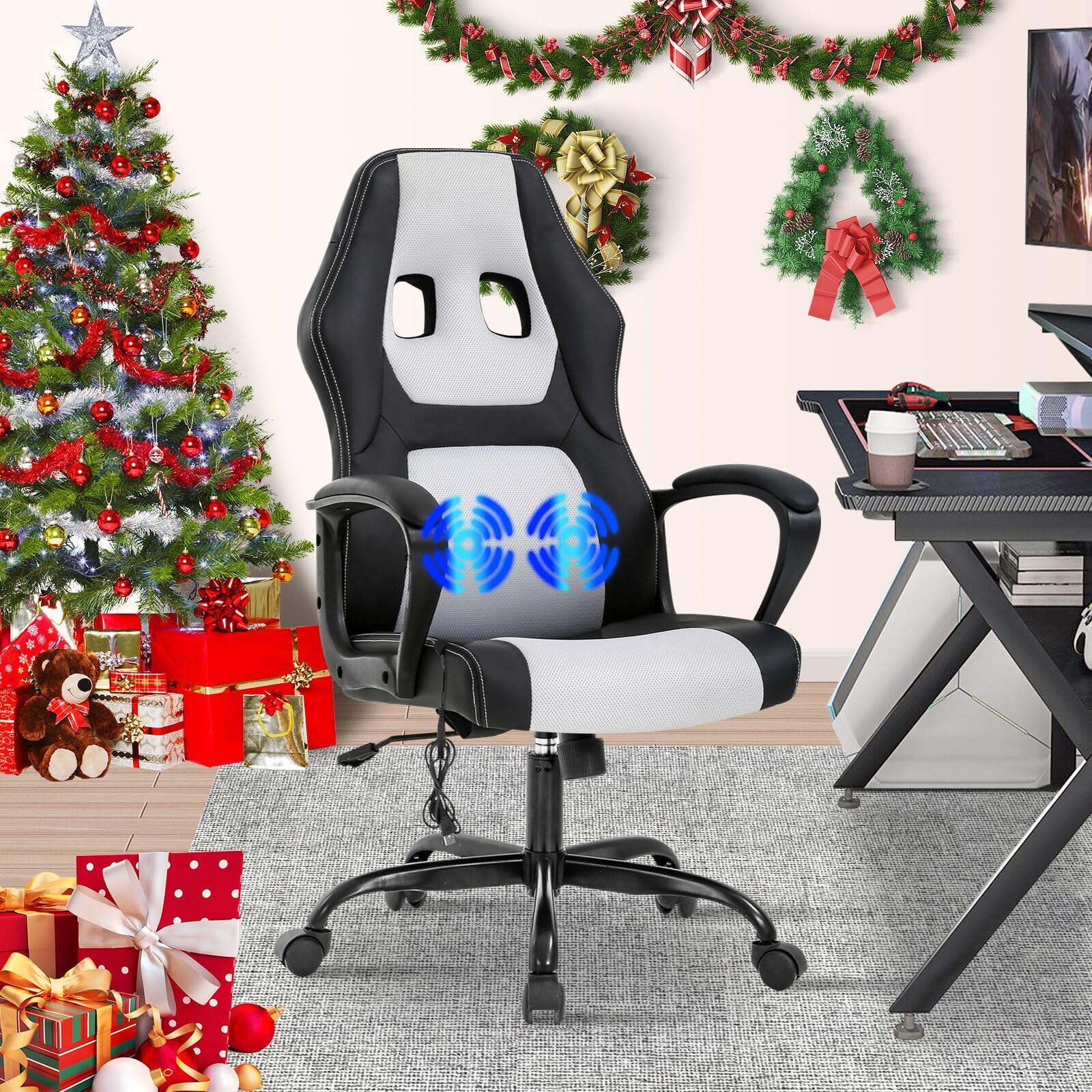 Ergonomic Gaming Chair with Massage & Lumbar Support - Adjustable Reclining Office Computer Chair with Headrest & Armrest - Rolling Swivel Video Game Chair for Adults & Teens - Perfect for Esports, Streaming & Home Office (White)