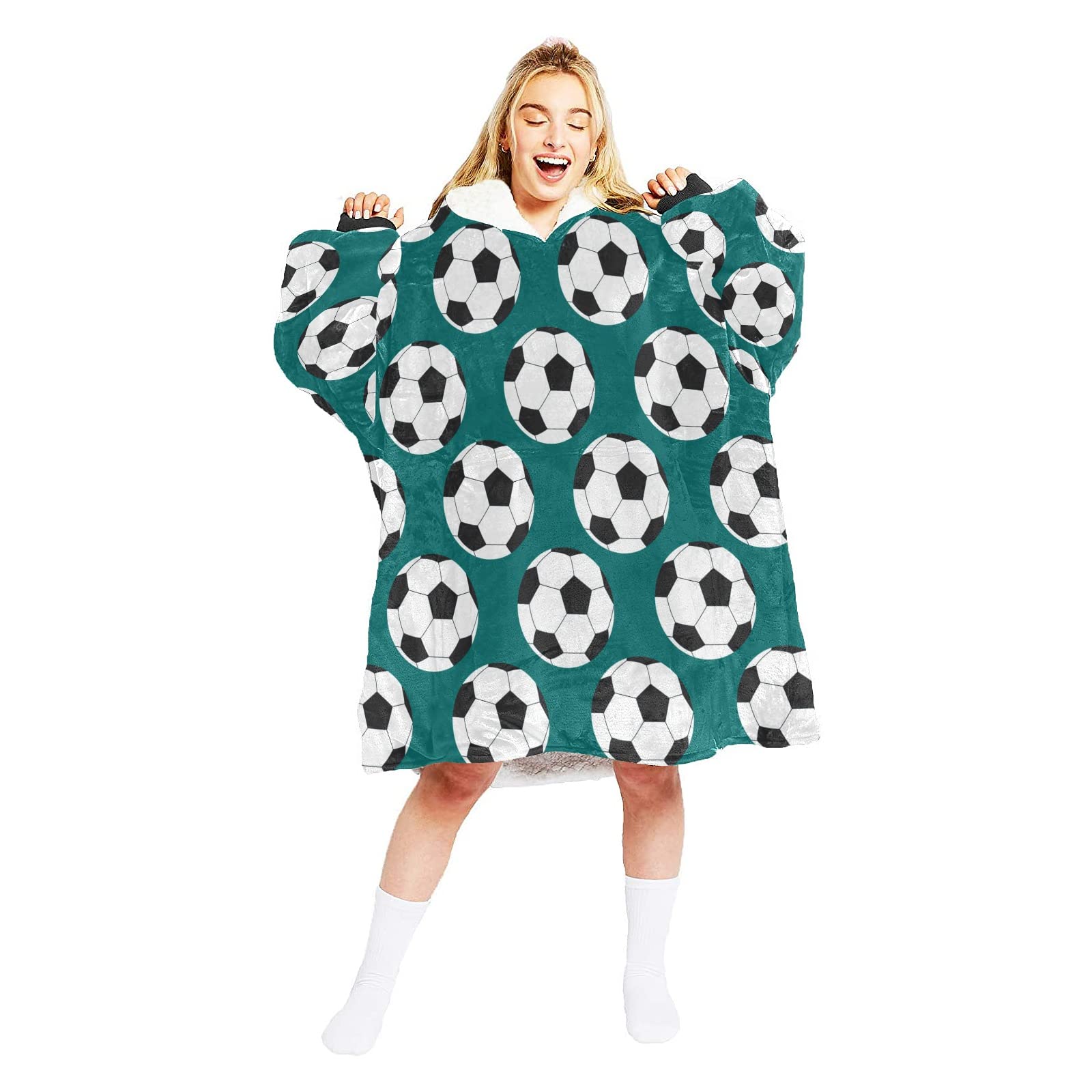 Sport Soccer Sherpa Blanket Hoodie - Wearable Blanket with Oversized Hood, One Size Fits All - Perfect for Game Nights, Camping & Cozy Home Lounging