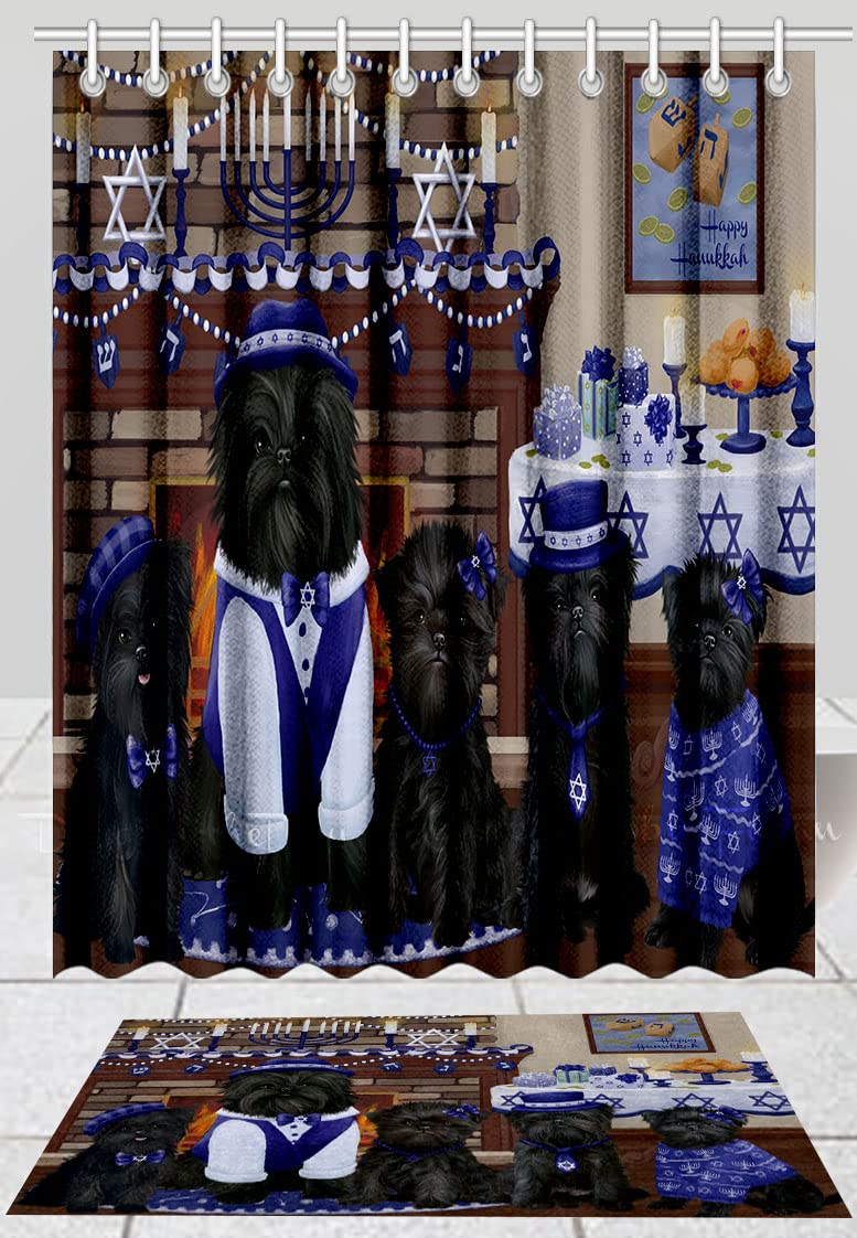 Happy Hanukkah Family Affenpinscher Dogs Bath Mat & Shower Curtain Set - Non-Slip Bathroom Decor, Plush Rug & Polyester Bathtub Curtain with Hooks (Mat 20