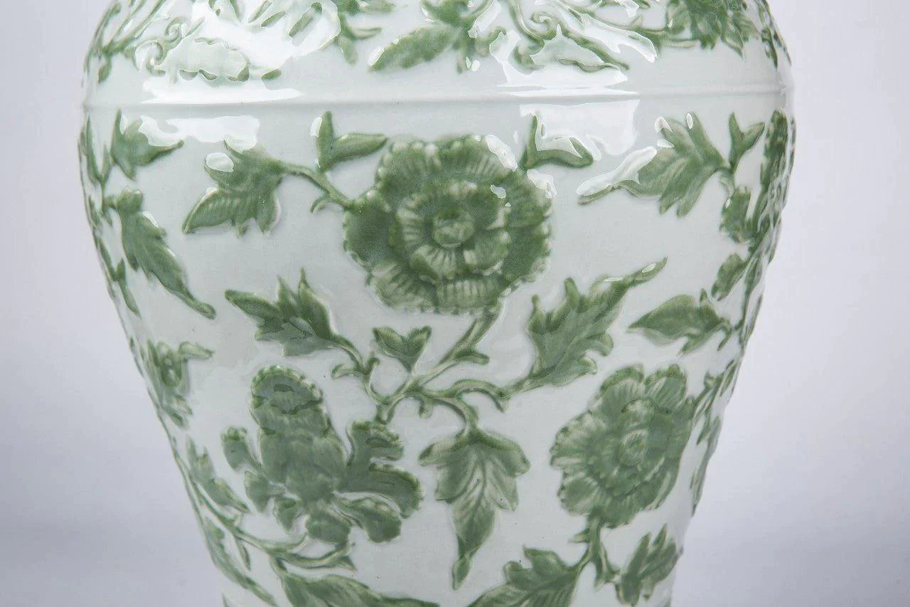 Antique Celadon Green Porcelain Temple Jar with Exquisite Floral Carvings & Lion Lid - Perfect for Home Decor, Asian-Inspired Interiors & Collectible Display