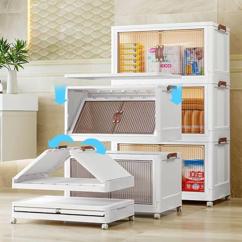 59QT Collapsible Storage Bins with Lids & Wheels - Foldable Plastic Storage Box with Doors, Stackable Closet Organizer for Bedroom, Garage, or Office (5-Tier, Space-Saving Design)