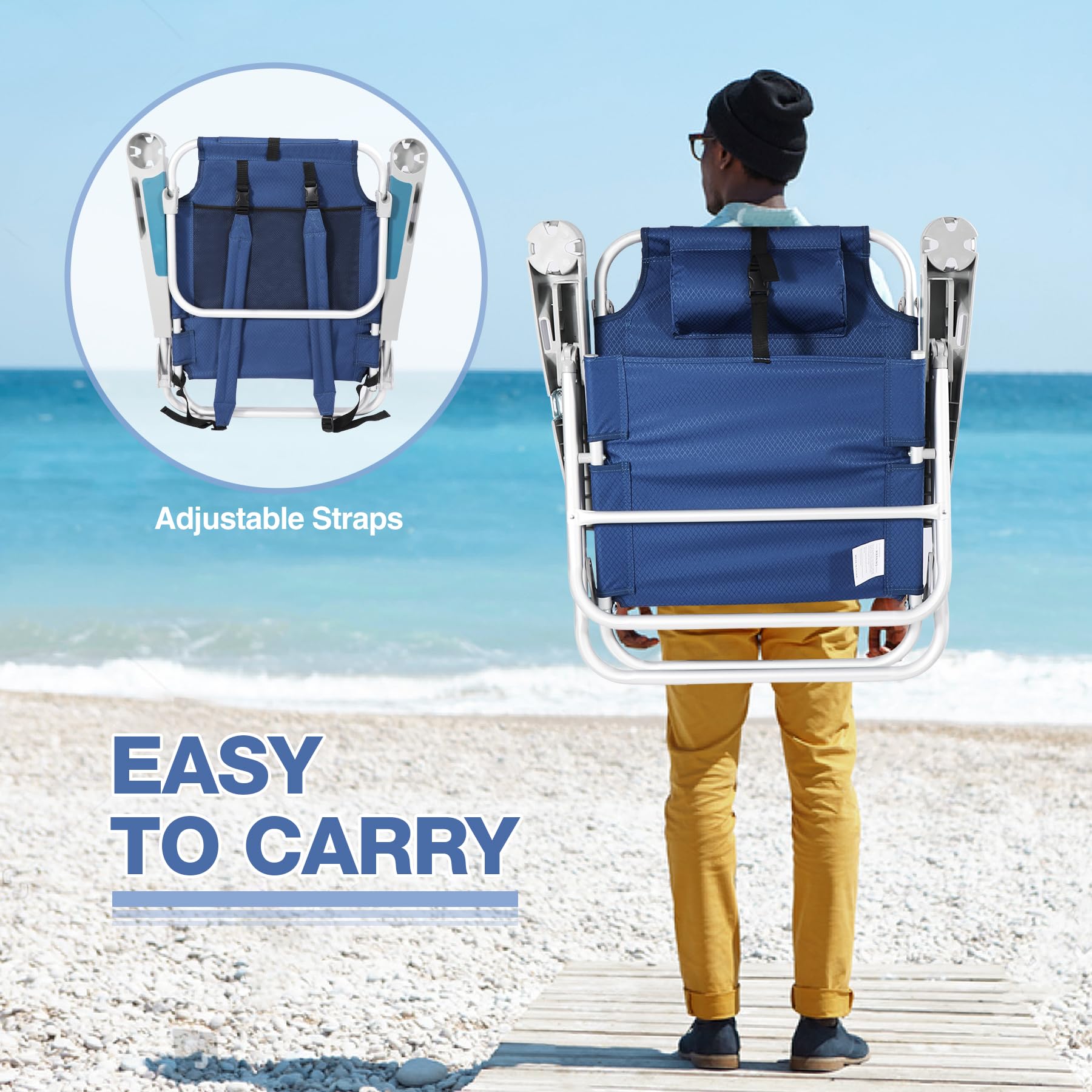 REDCAMP 2 Pack XL 5-Position Adjustable Aluminum Beach Camping Chairs for Adults - Portable Lounge Chair with Cup Holder, Pillow & Towel Bar - Perfect for Sand, Beach, Poolside, Picnics & Outdoor Adventures