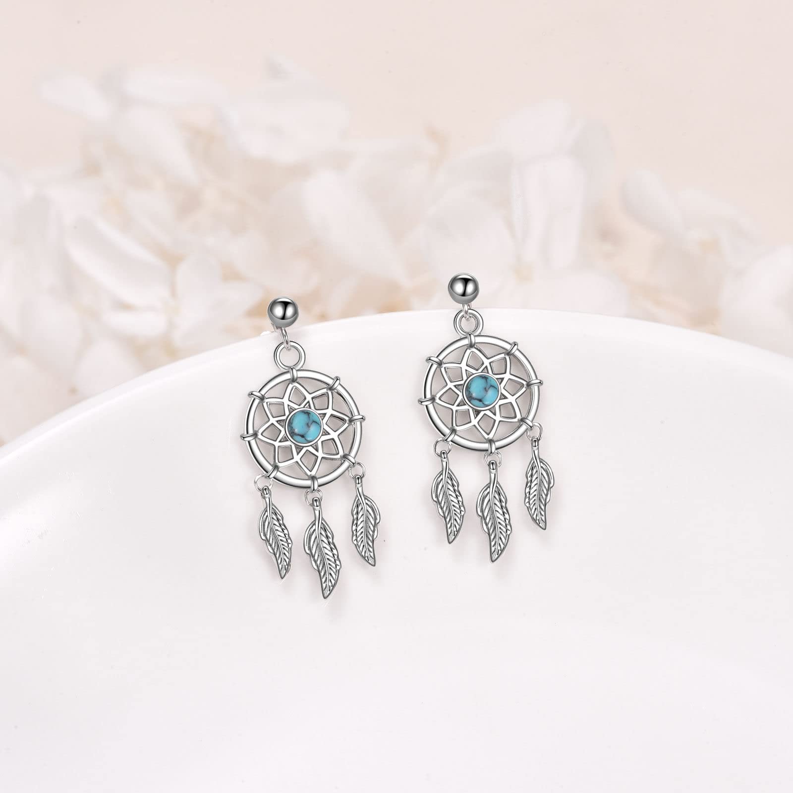 VONALA Sterling Silver Turquoise Feather Drop Dangle Earrings - Boho Dreamcatcher Jewelry for Women & Girls | Perfect Gift for Teens, Birthday & Special Occasions | Great for Parties, Weddings & Boho Fashion