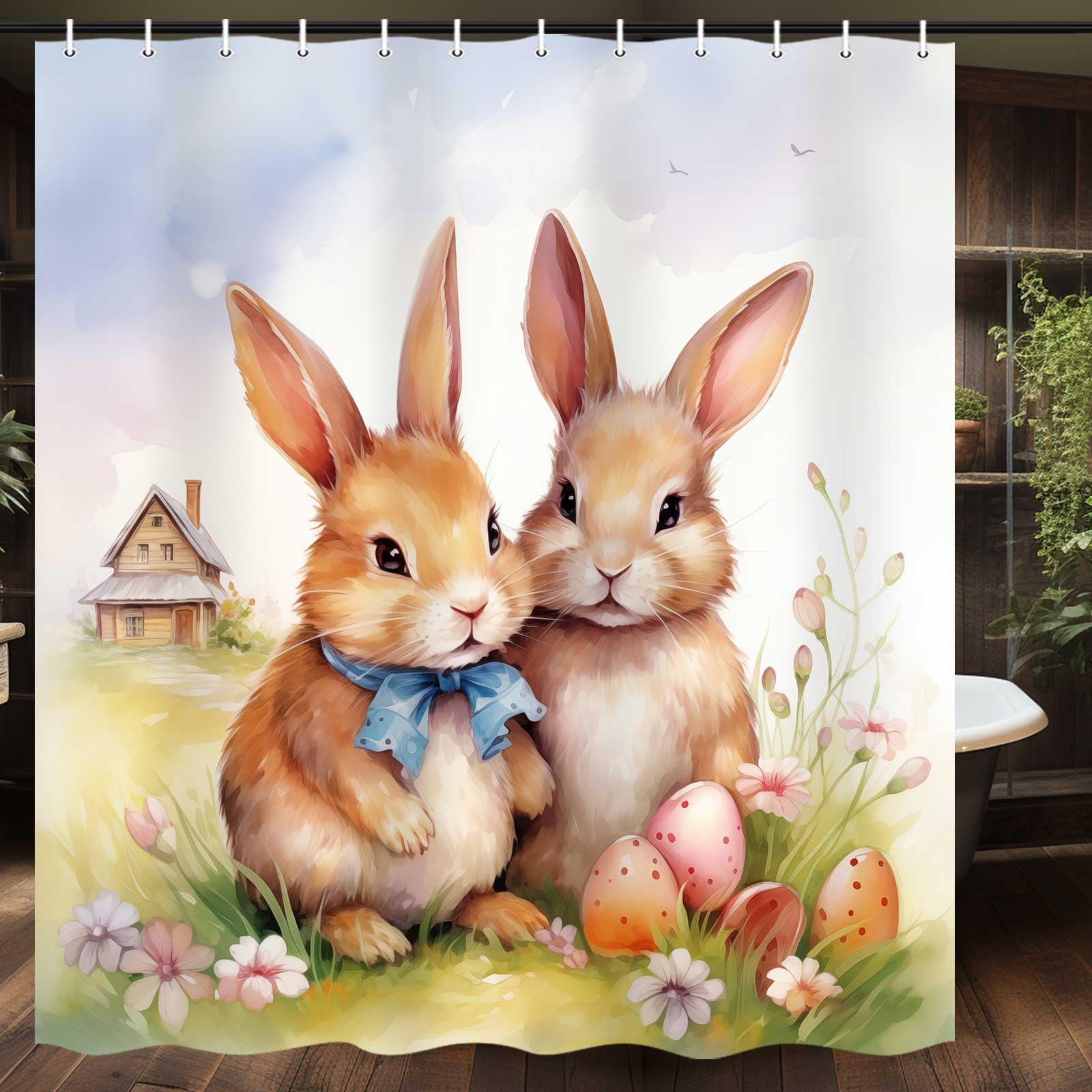 Easter Shower Curtain - Cute Bunny Rabbit Design with Farmhouse Floral Pattern | Spring Home Decor Bathroom Set (71x71 Inches) | Perfect for Easter Decorations, Farmhouse Bathroom, and Spring Themed Home Décor