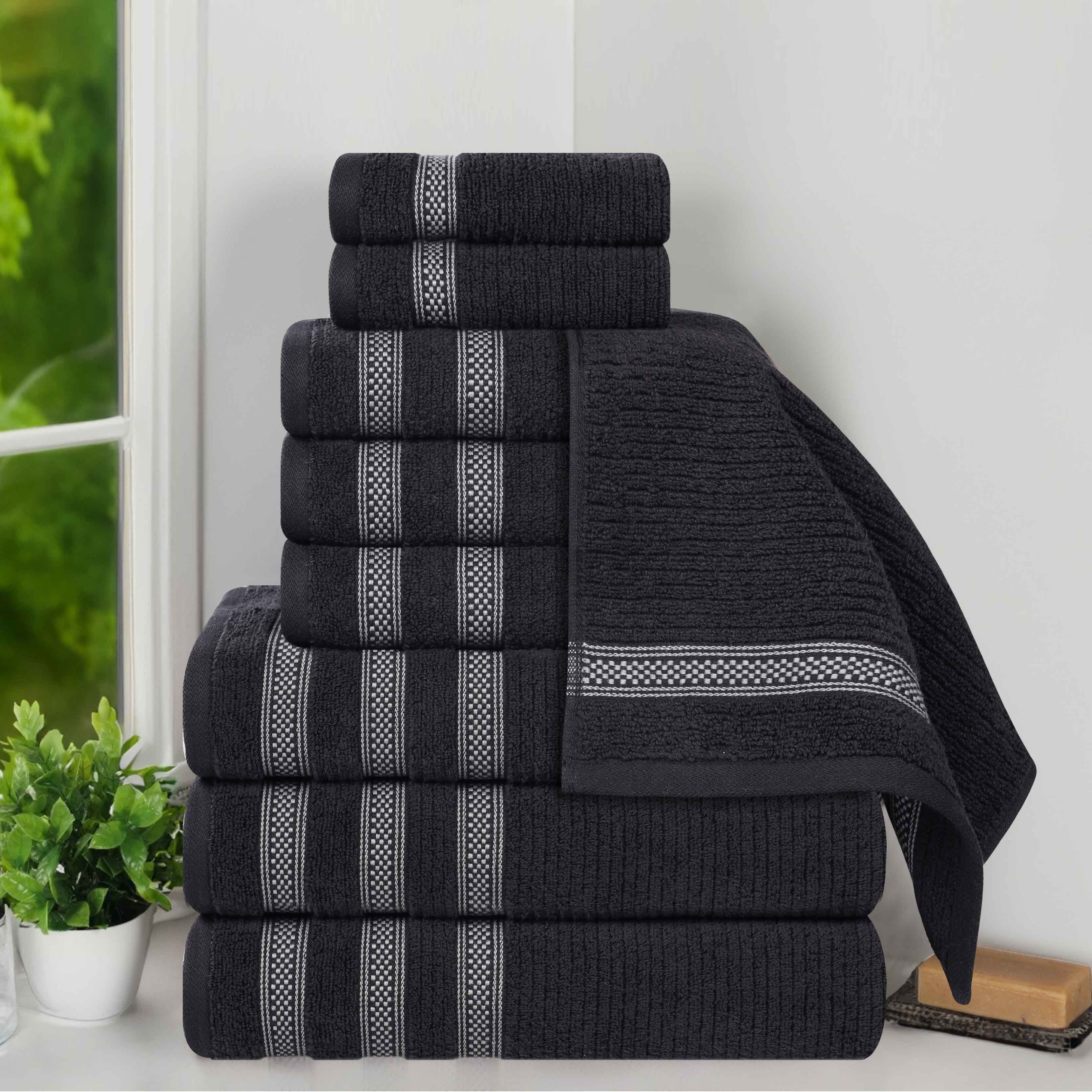 Premium 9-Piece Zero Twist Cotton Ribbed Towel Set with Geometric Border - Ultra Soft & Absorbent Bath, Beach & Spa Towels for Luxury Home & Hotel Use