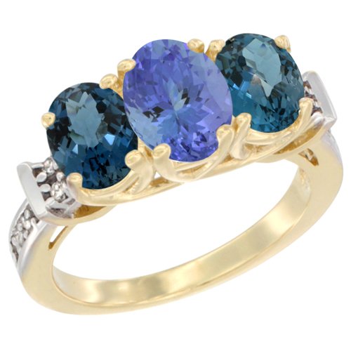 14K Yellow Gold Tanzanite & London Blue Topaz Ring with Oval Diamond Accents - Size 5-10 | Elegant Three-Stone Engagement, Wedding, or Anniversary Jewelry Gift