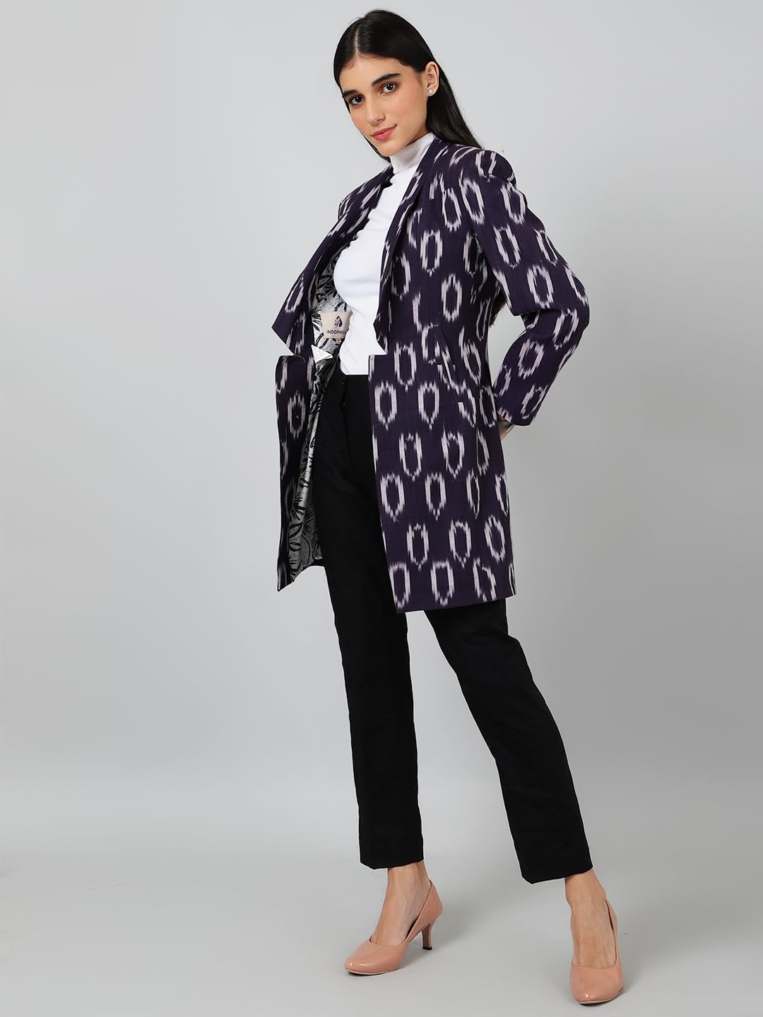 Women's Ikat Print Purple Cotton Blazer Jacket - Lightweight Office Wear & Spring Fashion for Business Casual Outfits