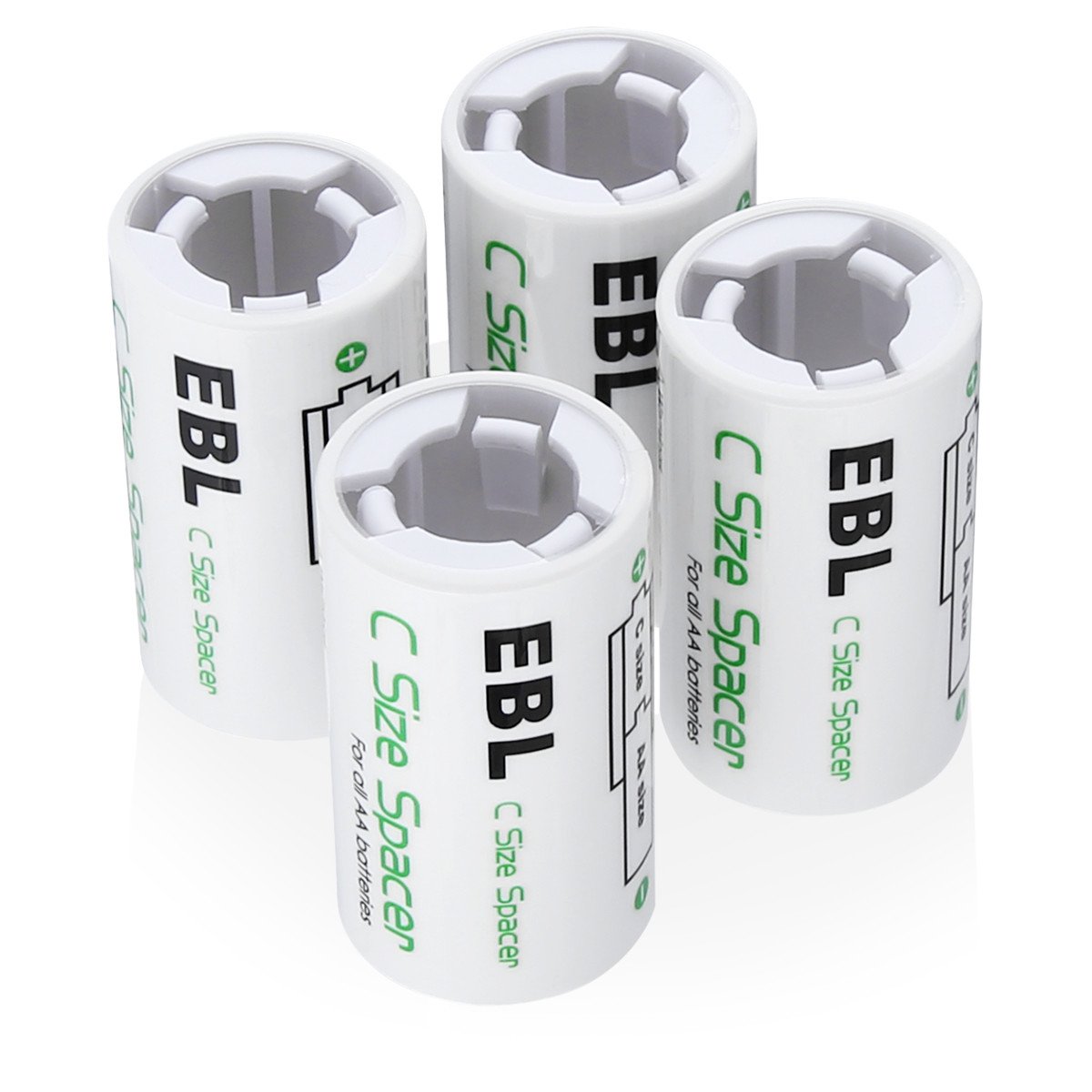 EBL AA to C Size Battery Adapters - 4 Pack Battery Spacer Converter Case for Rechargeable AA Batteries | Perfect for Flashlights, Toys & Electronic Devices