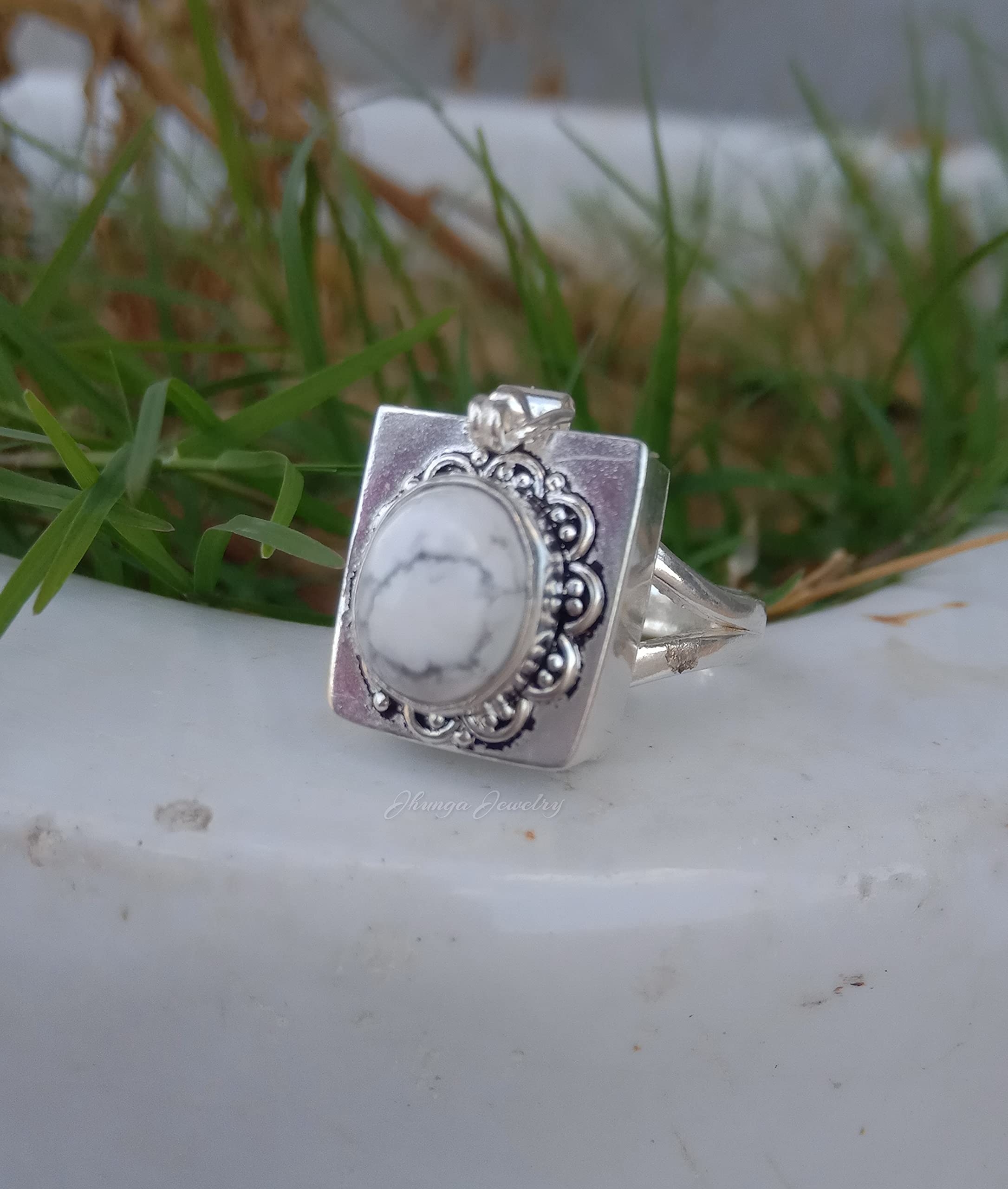 White Howlite Poison Ring - Handmade 925 Sterling Silver Secret Box Ring with Openable Compartment | Perfect for Medicine, Pills, or Keepsakes | Unique Gothic Jewelry for Cosplay, Halloween, and Alternative Fashion