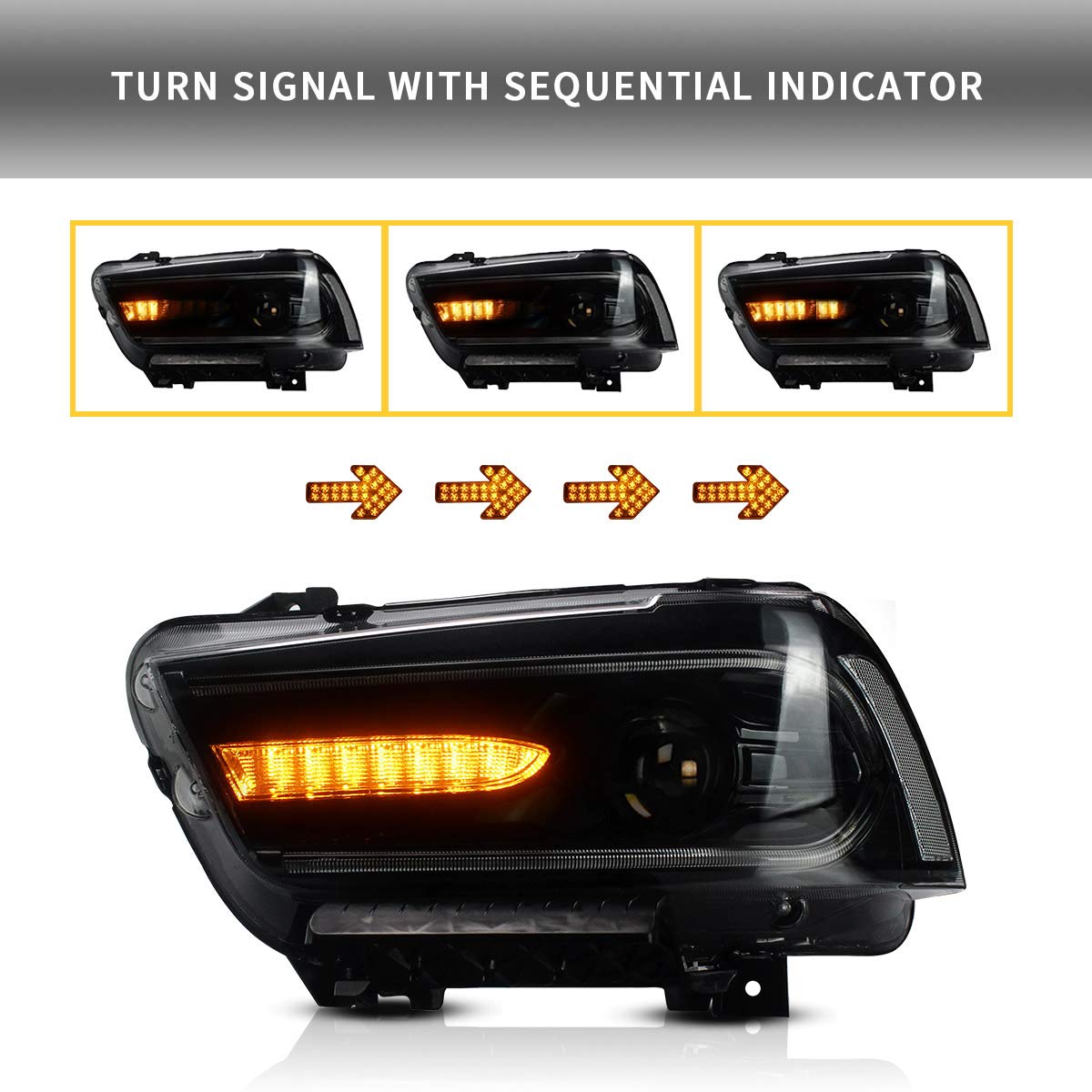 VLAND LED Projector Headlights for Dodge Charger 2011-2014 | Dual Beam Lens & Sequential Turn Signals | High Performance Upgrade | Perfect for Night Driving & Car Shows (Does Not Fit 2012 Dodge Charger SE)