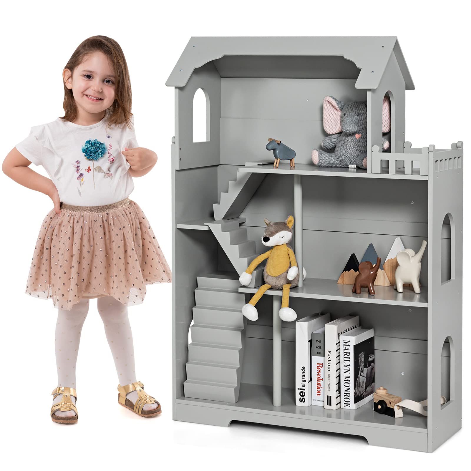 Costzon 3-Tier Wooden Dollhouse Bookshelf with Anti-Tip Design - Multifunctional Kids Storage & Playhouse for Bedroom, Playroom or Nursery - Gray Toy Gift for Girls & Boys Ages 3+ | Perfect for Pretend Play, Book Storage & Room Decor