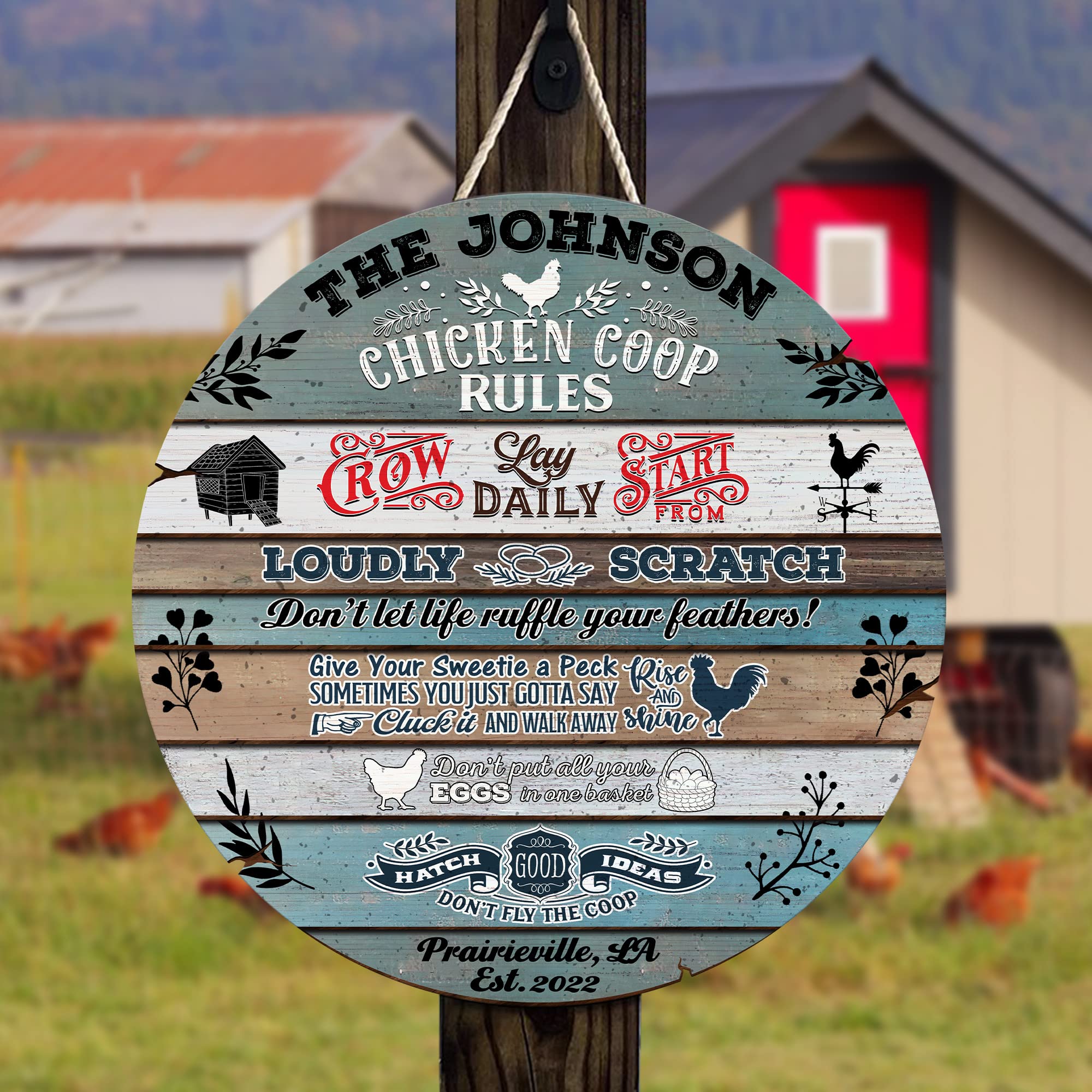 V VIBEPY Custom All Over Printed Wood Signs - Personalized Chicken Coop Rules, Funny Farmhouse Decor (12