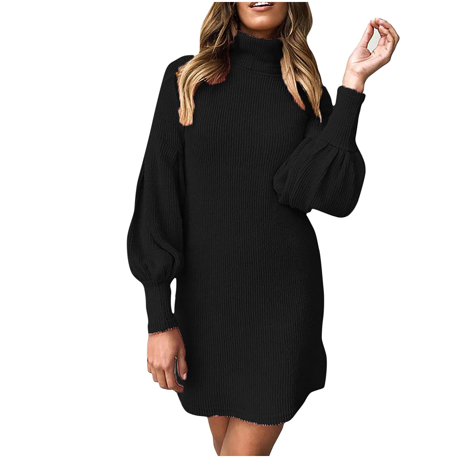 Women's Long Turtleneck Sweater Dress with Lantern Sleeves - Casual Solid Color Loose Knit Pullover for Fall & Winter | Office Wear, Date Night, Holiday Outfits