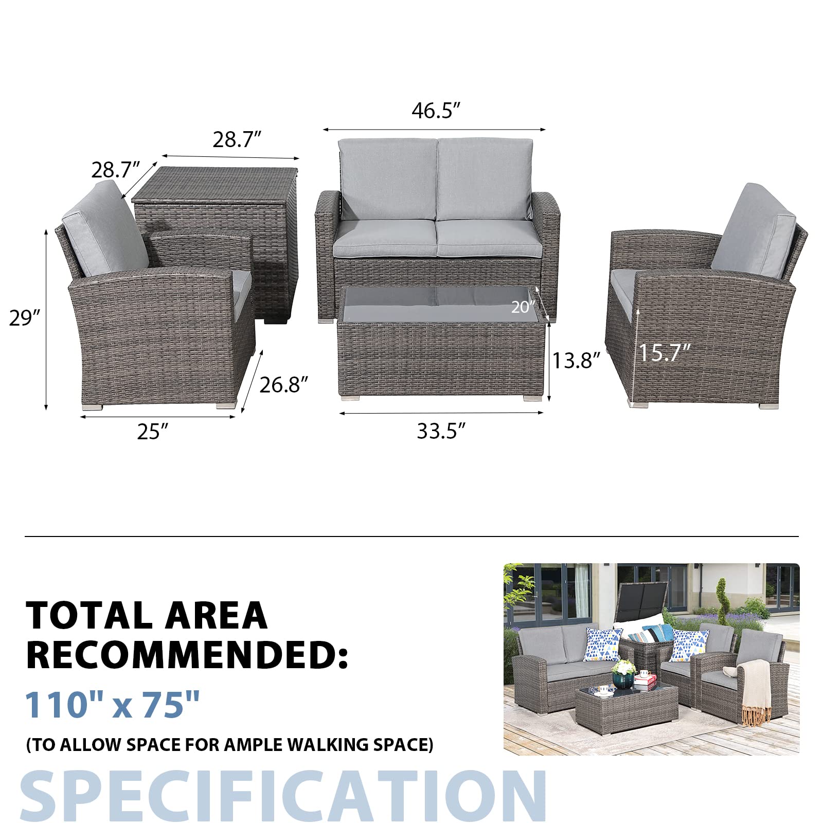 JOIVI PE Wicker 5-Piece Outdoor Patio Furniture Set - Gray Rattan Sectional Sofa with Storage Box, Tempered Glass Table & Light Gray Cushions - Perfect for Backyard, Poolside or Garden Relaxation