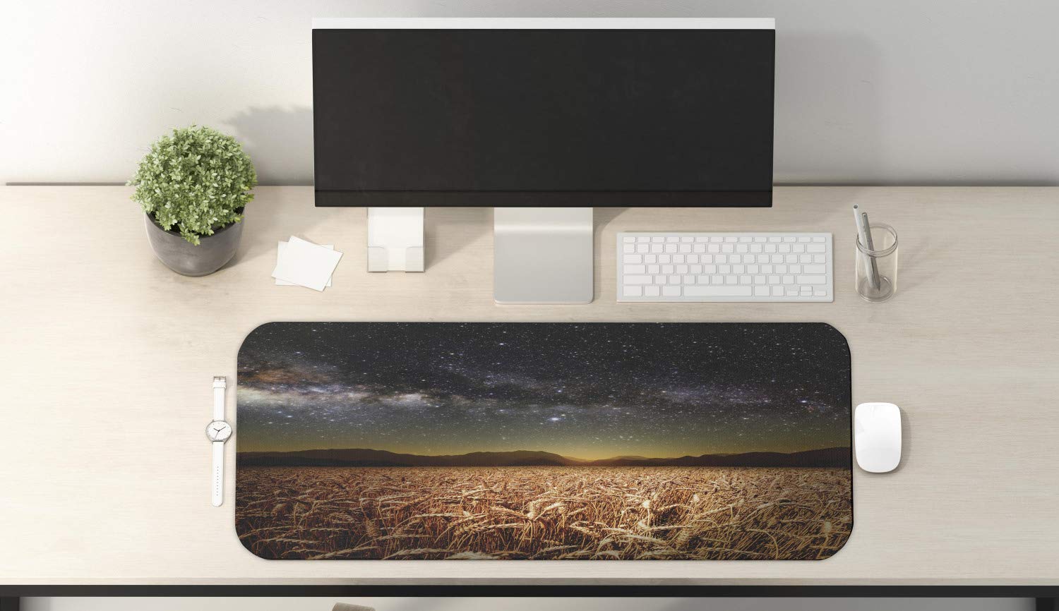 Ambesonne Space Themed Mouse Pad - Wheat Field Meadow Under Stars Clusters Twilight Harvesting Rural Art Print, Non-Slip Rubber Gaming Mousepad, Large 31