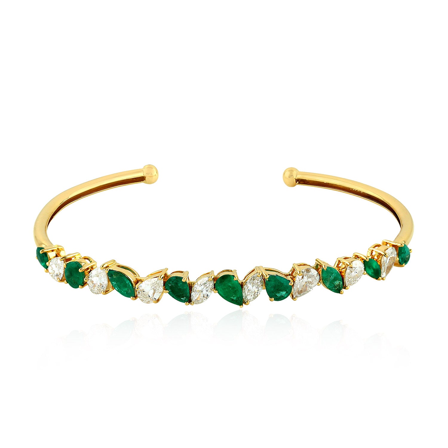 Genuine Emerald Prong Rose Cut Diamond Yellow Gold Cuff Bracelet for Women - Elegant Jewelry Gift for Anniversary, Wedding & Special Occasions