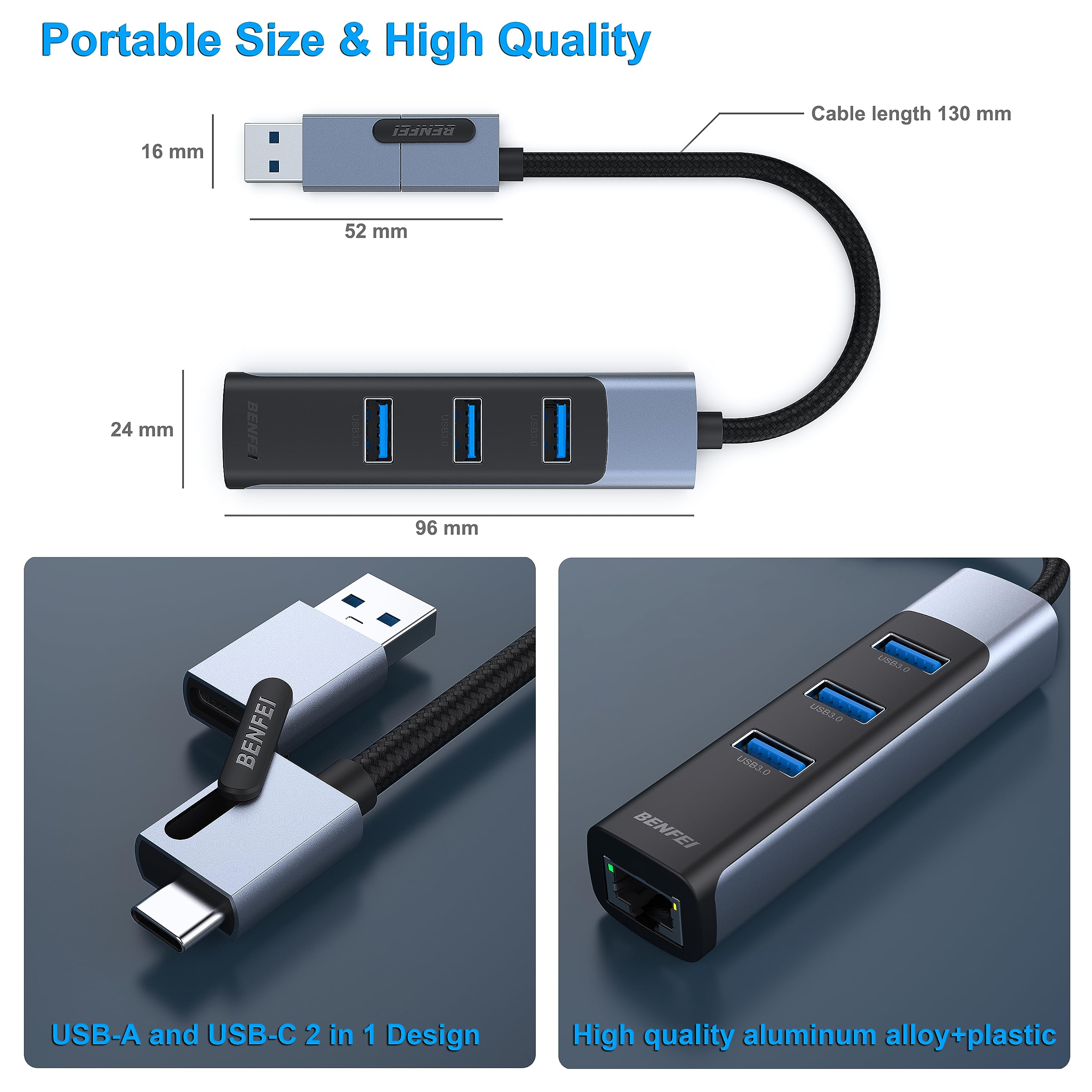 BENFEI 2-in-1 USB-C & USB 3.0 to Gigabit Ethernet Adapter with 3 USB 3.0 Ports - Compatible with iPhone 15 Series, MacBook Pro/Air 2023-2019, iPad Pro & More - Fast Wired Internet for Home Office, Gaming & Video Streaming