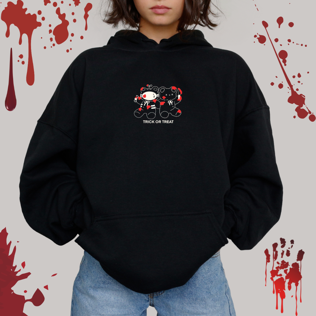 Trick or Treat Embroidered Halloween Bear Hoodie for Women & Men - Cozy Pullover Sweatshirt with Cute Halloween Design (Black/Cream) - Perfect for Halloween Parties, Costume Events & Fall Outfits