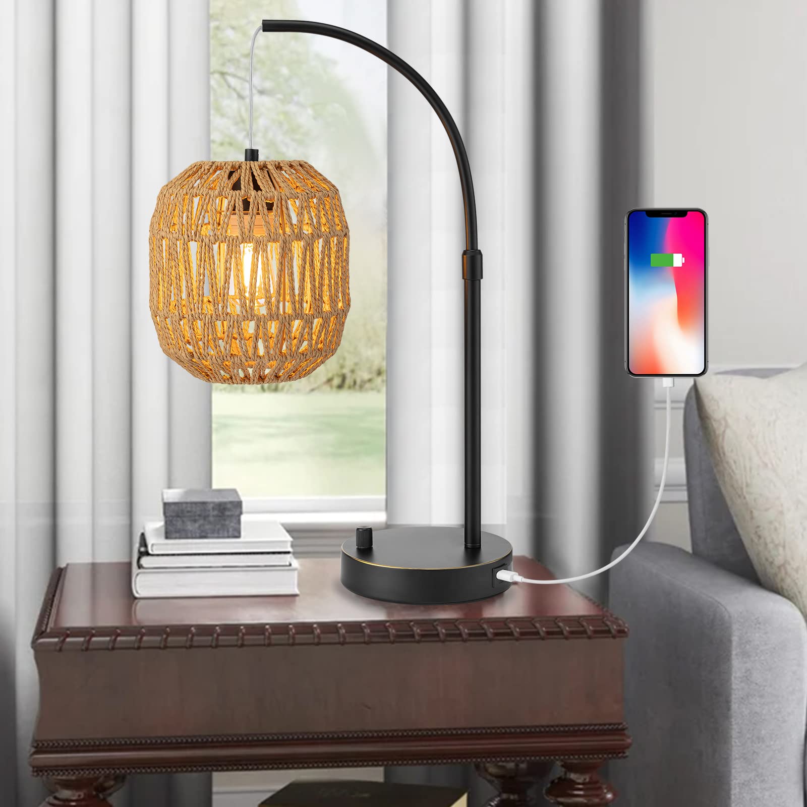 Industrial USB Table Lamp with Natural Boho Shade - Modern Vintage Bedside Lamp for Bedroom, Study, Living Room & Office - Black & Natural Finish - Perfect for Night Reading, Charging Devices & Home Decor