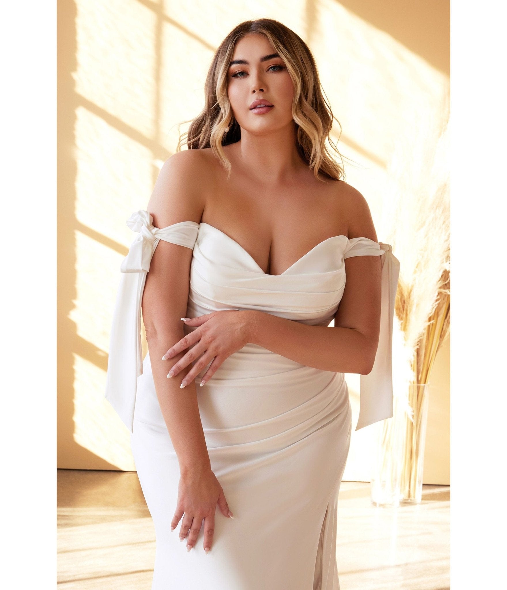 Ladivine by Cinderella Divine Plus Size White Off The Shoulder Trumpet Wedding Dress for Brides - Perfect for Beach Weddings, Vow Renewals & Formal Evening Events
