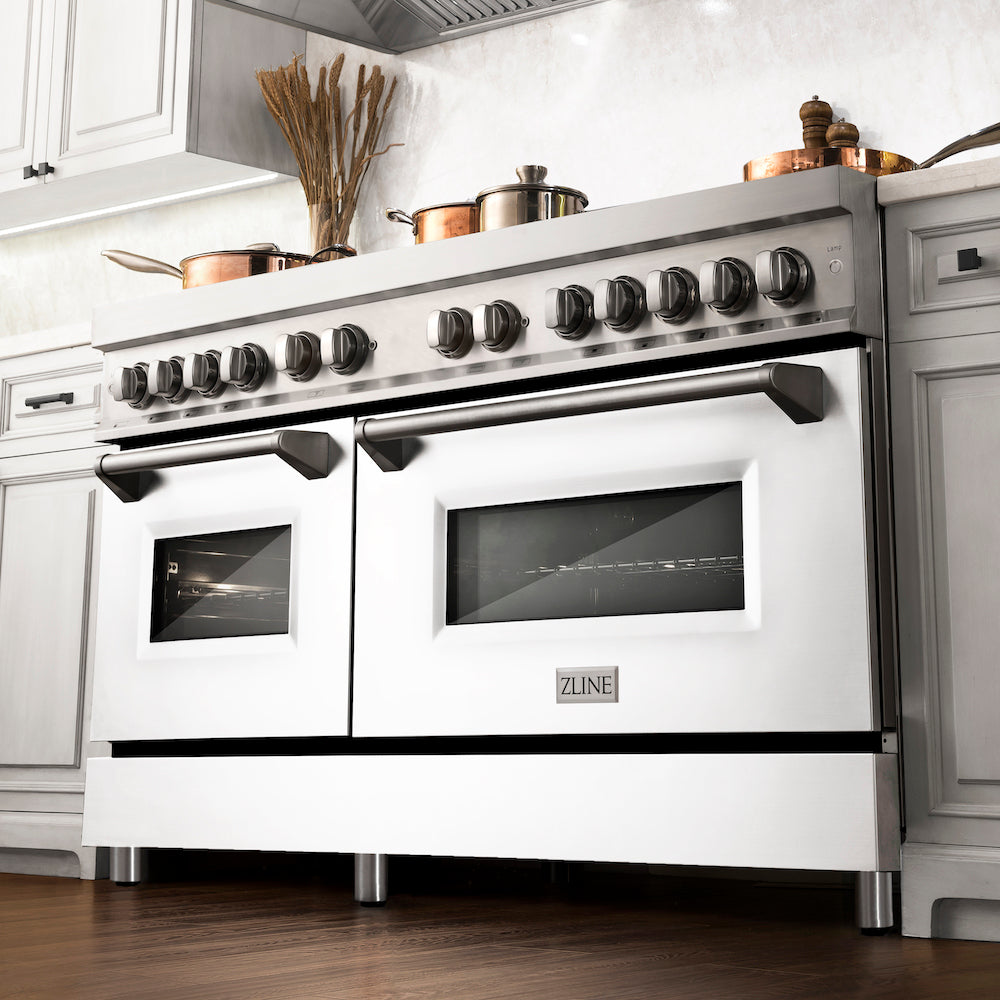 ZLINE 60 Inch 7.4 Cu. Ft. Legacy Dual Fuel Range - 9 Burner Gas Cooktop & 2 Electric Convection Ovens - Stainless Steel with White Matte Doors (RA WM 60) - Perfect for Professional Home Kitchens & Gourmet Cooking