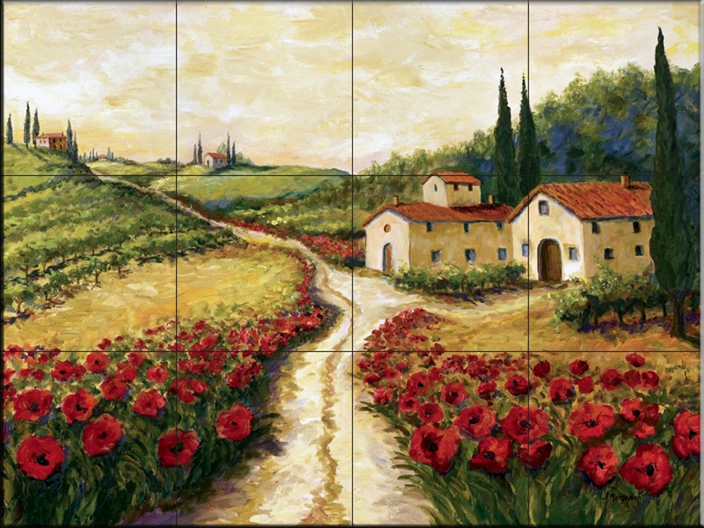 Joanne Margosian Red Poppy Road Ceramic Backsplash Tile Mural - Handmade Kitchen Wall Decor for Modern Farmhouse & Cottage Style Homes - Perfect for Kitchen Backsplashes, Bathroom Accents & Fireplace Surrounds