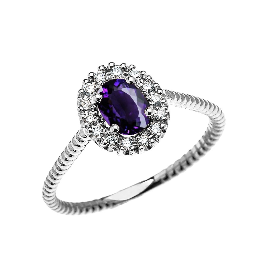 10K White Gold Dainty Oval Halo Diamond & Solitaire Amethyst Rope Design Engagement Ring, Promise Ring for Women - Perfect for Proposals, Anniversaries & Special Occasions