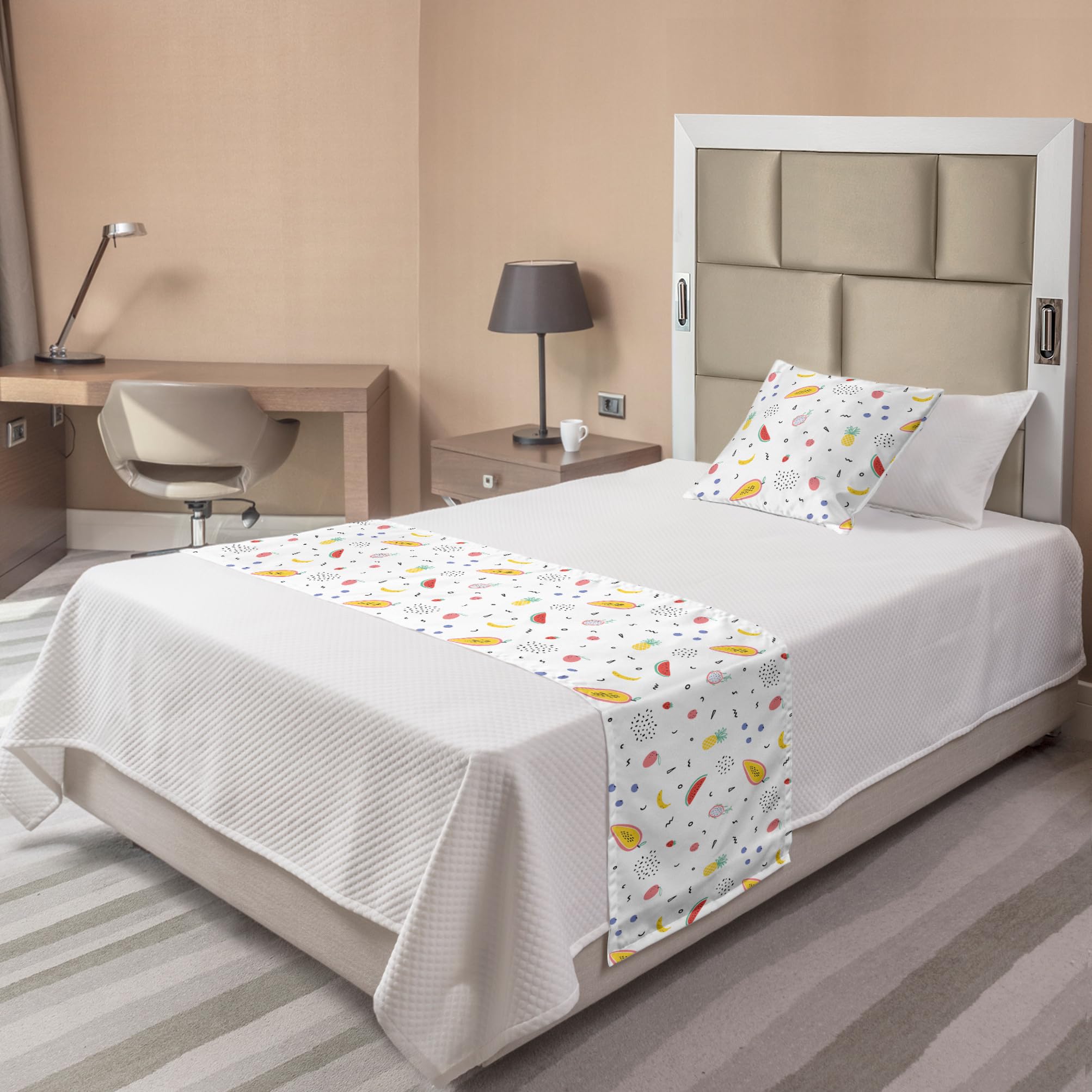 Ambesonne Tropical Fruits Bed Runner Set with Hand Drawn Design - Decorative Bed Scarf & Pillow Sham for Twin Beds - Colorful Dots & Mini Motifs on Plain Background - Perfect for Hotels, Homes & Bedroom Decor