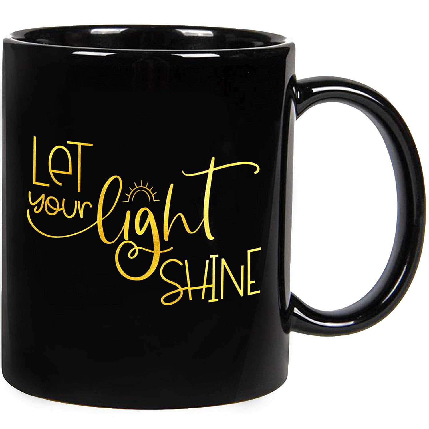 Personalized 'Let Your Light Shine' Black Coffee Mug - Inspirational Ceramic Mug with Gold Lettering (11oz/15oz) - Perfect for Daily Coffee, Tea, Bible Study & Thoughtful Gifts for Christians