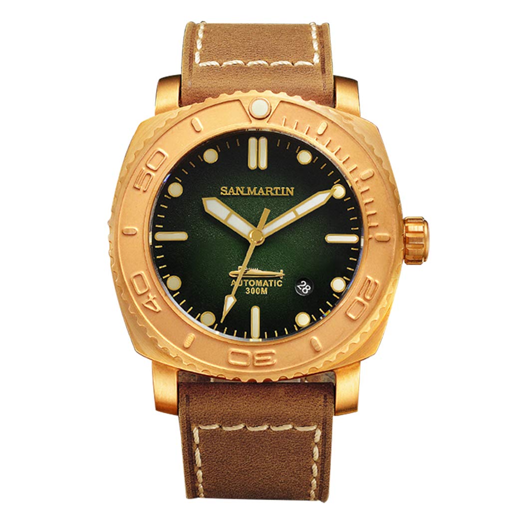 San Martin Luxury Automatic Watch for Men - Bronze Dive Wristwatch with BGW-9 Luminous, Sapphire Crystal & Leather Strap - 30 Bar Water Resistant Self-Winding Mechanical Watch - Perfect for Diving, Business & Formal Occasions