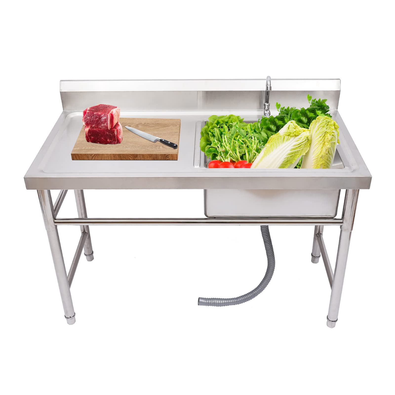 Stainless Steel Commercial Prep Sink with Faucet & Drainboard - Heavy Duty Utility Sink for Restaurant Kitchen, Laundry Room & Outdoor Use - Square Single Bowl Stand Sink Table for Food Preparation & Cleaning