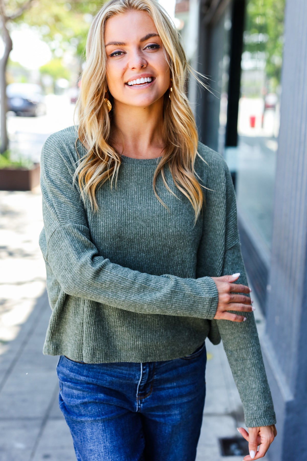 Olive Ribbed Dolman Cropped Sweater for Women | Trendy Casual Pullover | Perfect for Fall Layering & Coffee Dates