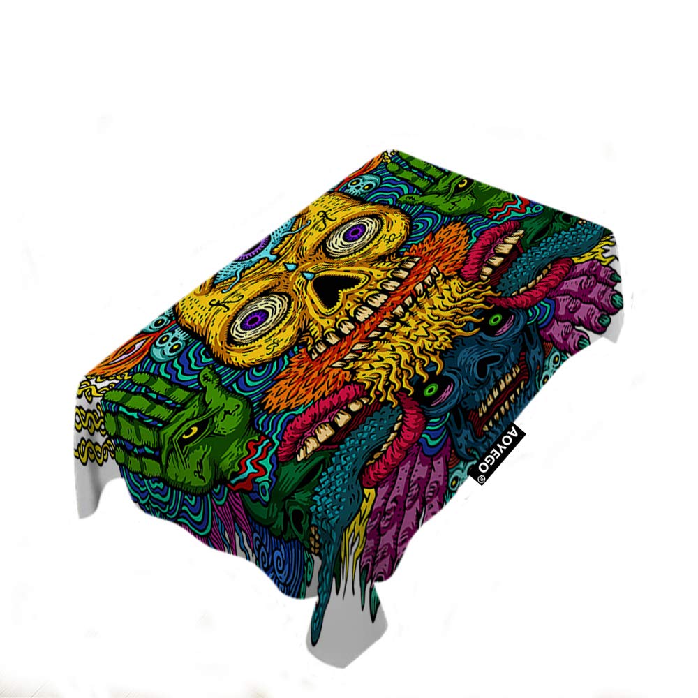 Psychedelic Skull Tablecloth 60x84 Inch - Horror Monster & Tribal Design Polyester Table Cover for Kitchen, Holiday Dinner, Hotel & Restaurant Decor - Perfect for Halloween, Themed Parties & Gothic Events