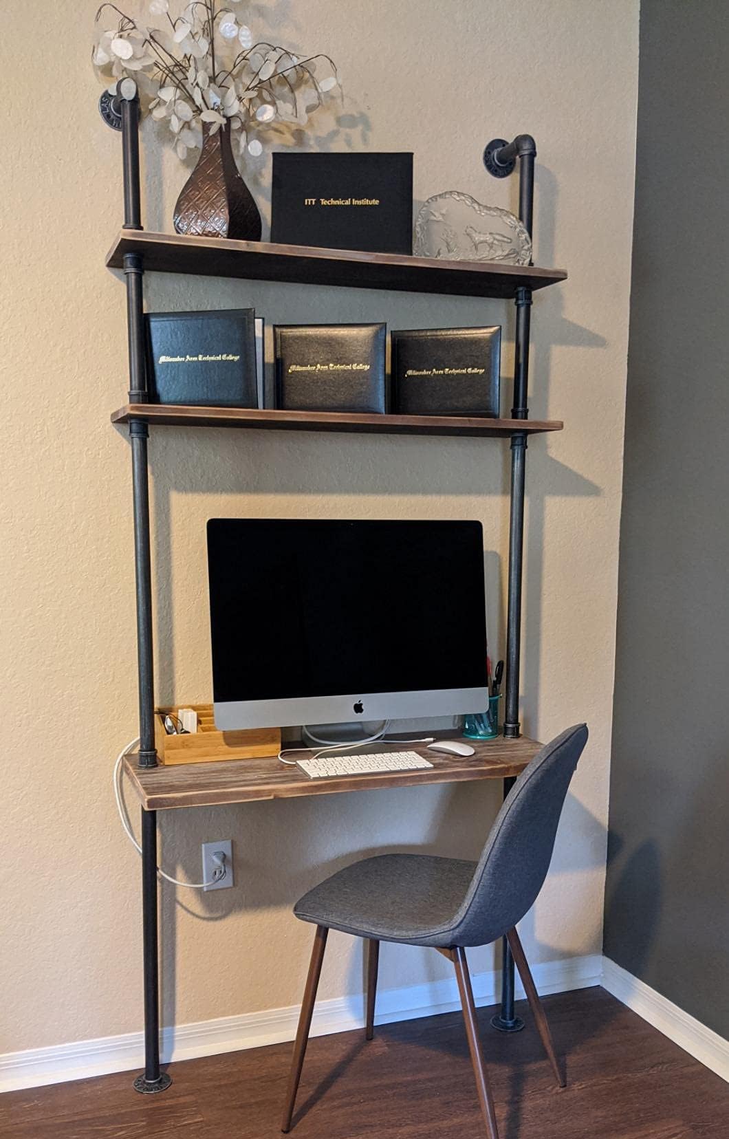 Industrial Style Solid Wood Laptop Desk with Storage Shelves - 16